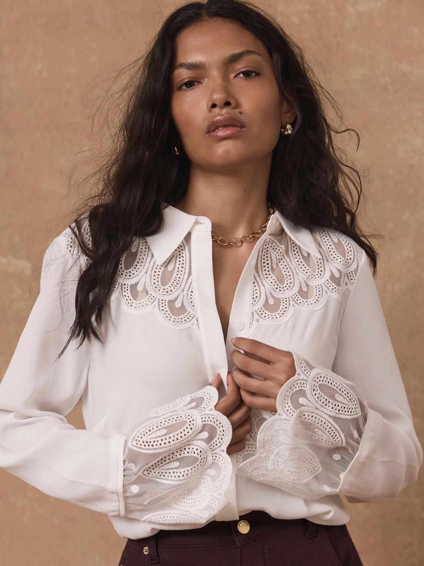 Image 1 of 6 of Mint Velvet Embroidered Lace Trim Blouse - Cream