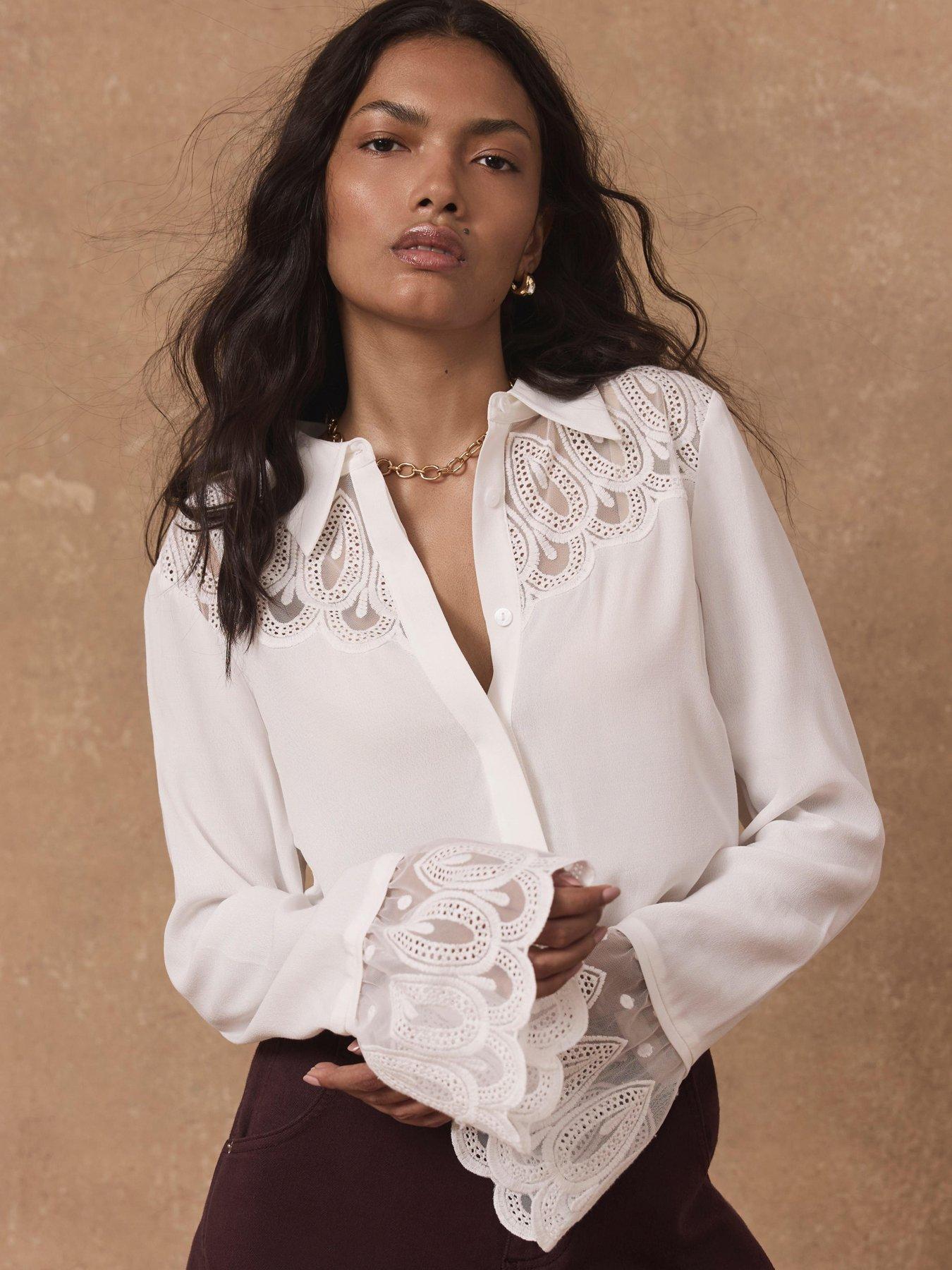 Image 2 of 6 of Mint Velvet Embroidered Lace Trim Blouse - Cream