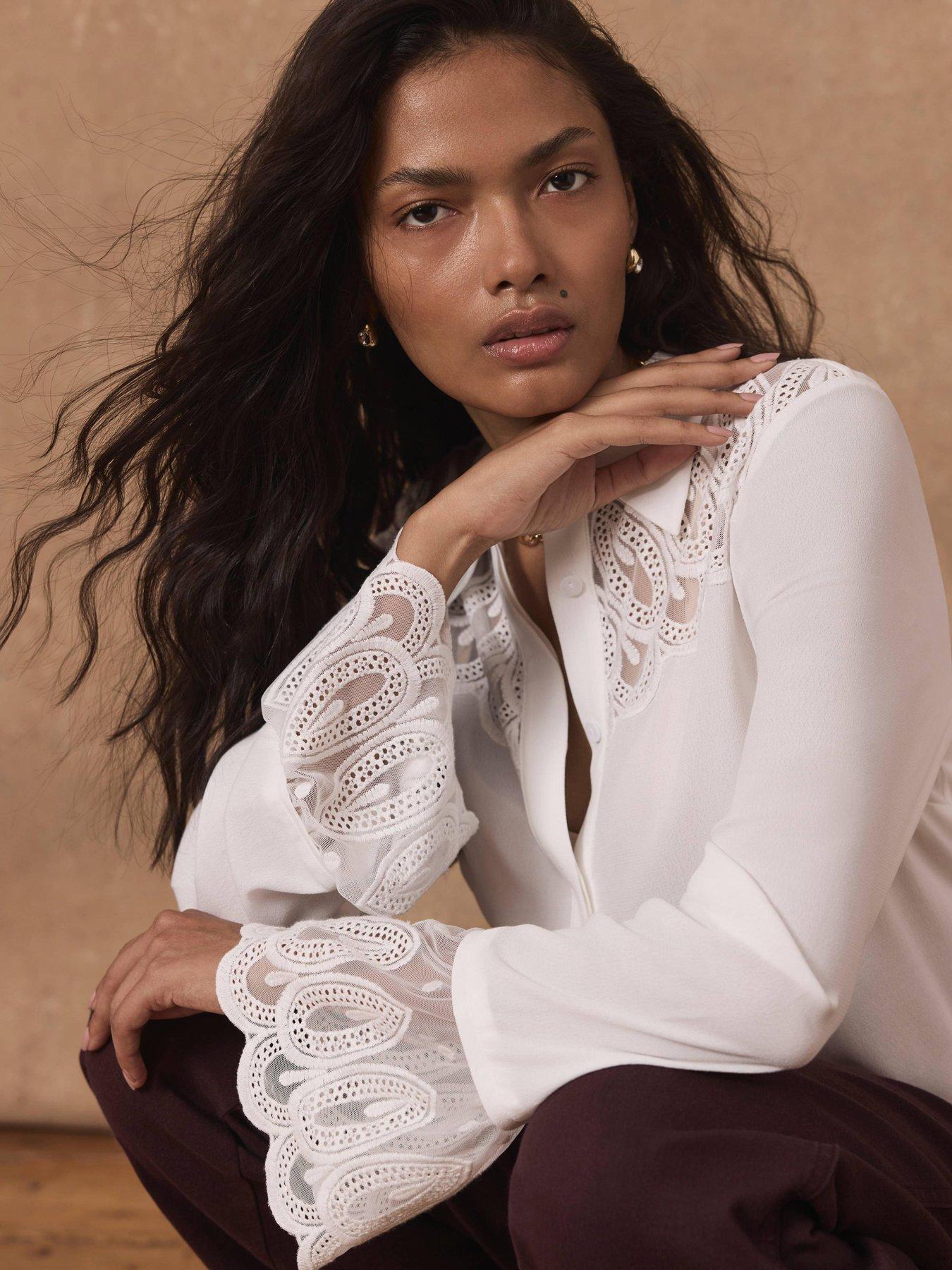Image 3 of 6 of Mint Velvet Embroidered Lace Trim Blouse - Cream