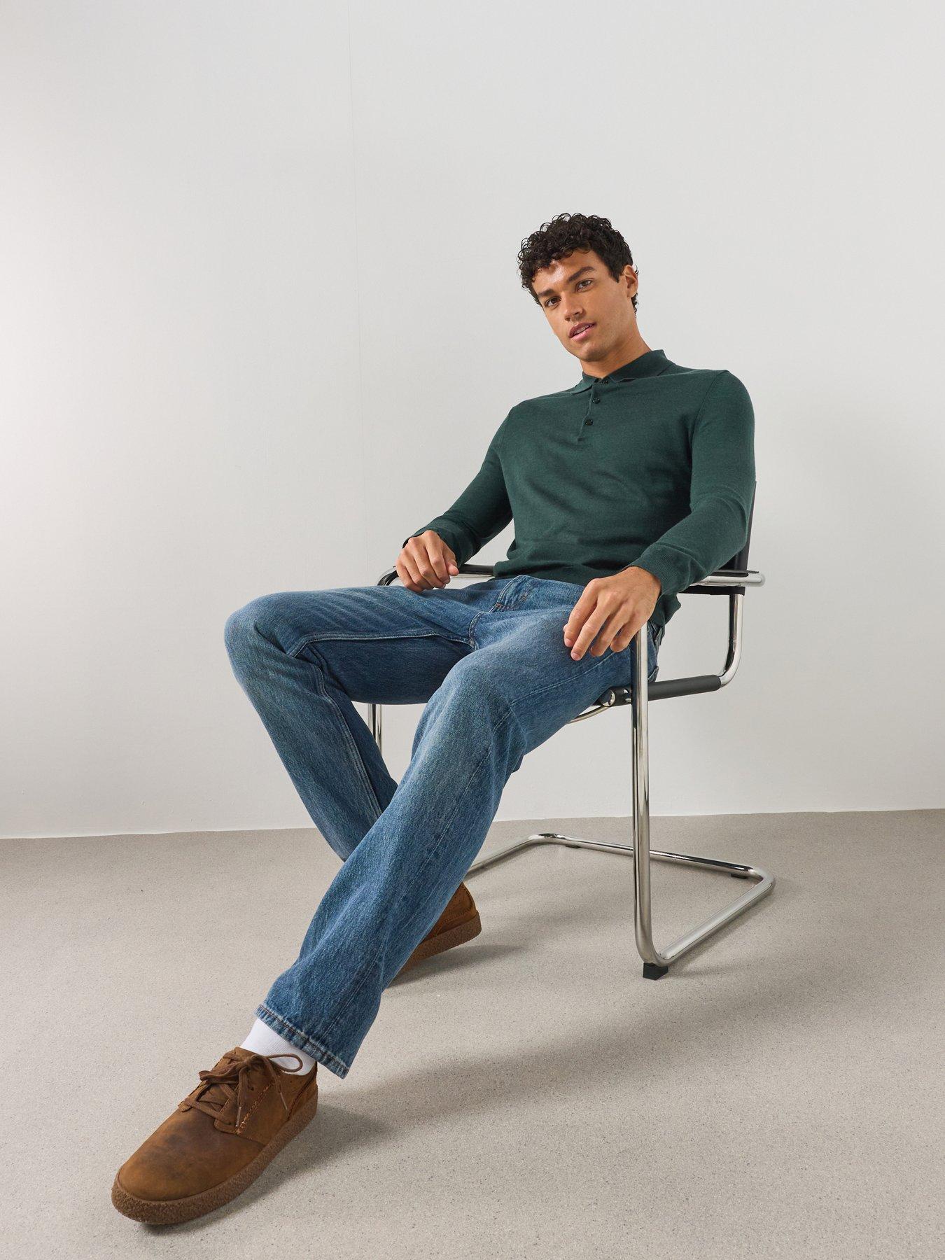Image 1 of 5 of Mango Men's Fine Knit 100% Wool Polo Shirt - Dark Green