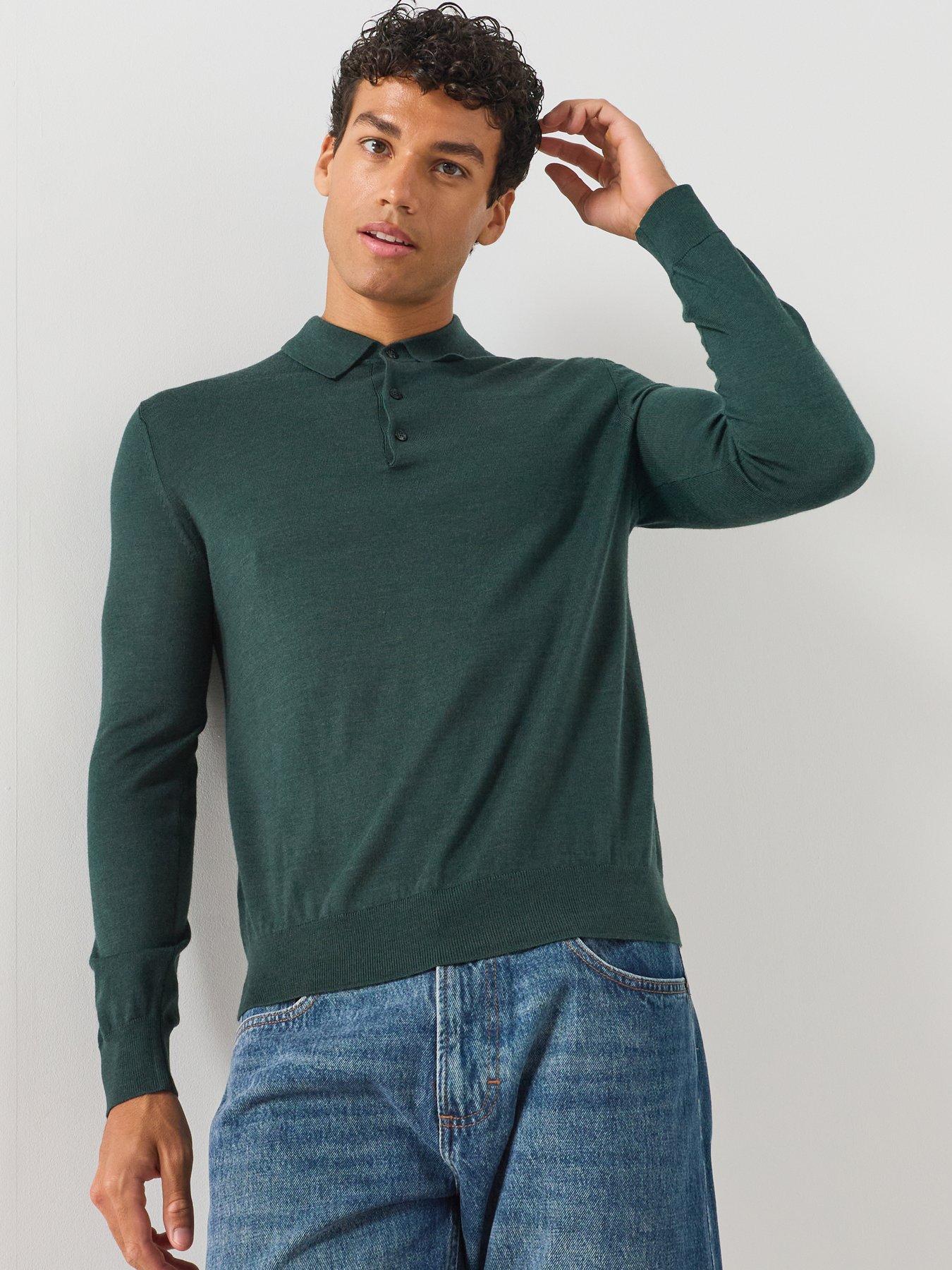 Image 3 of 5 of Mango Men's Fine Knit 100% Wool Polo Shirt - Dark Green