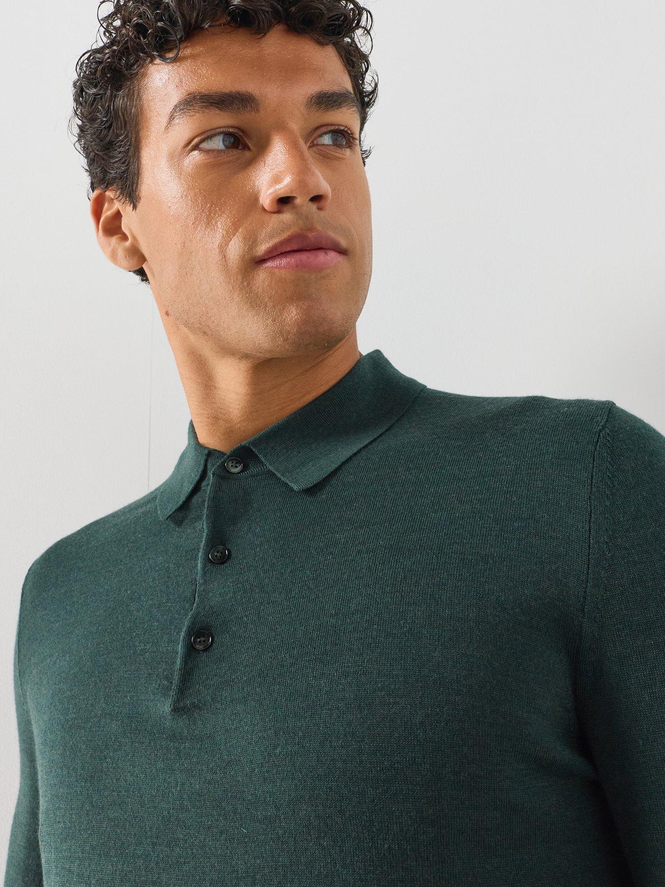 Image 5 of 5 of Mango Men's Fine Knit 100% Wool Polo Shirt - Dark Green