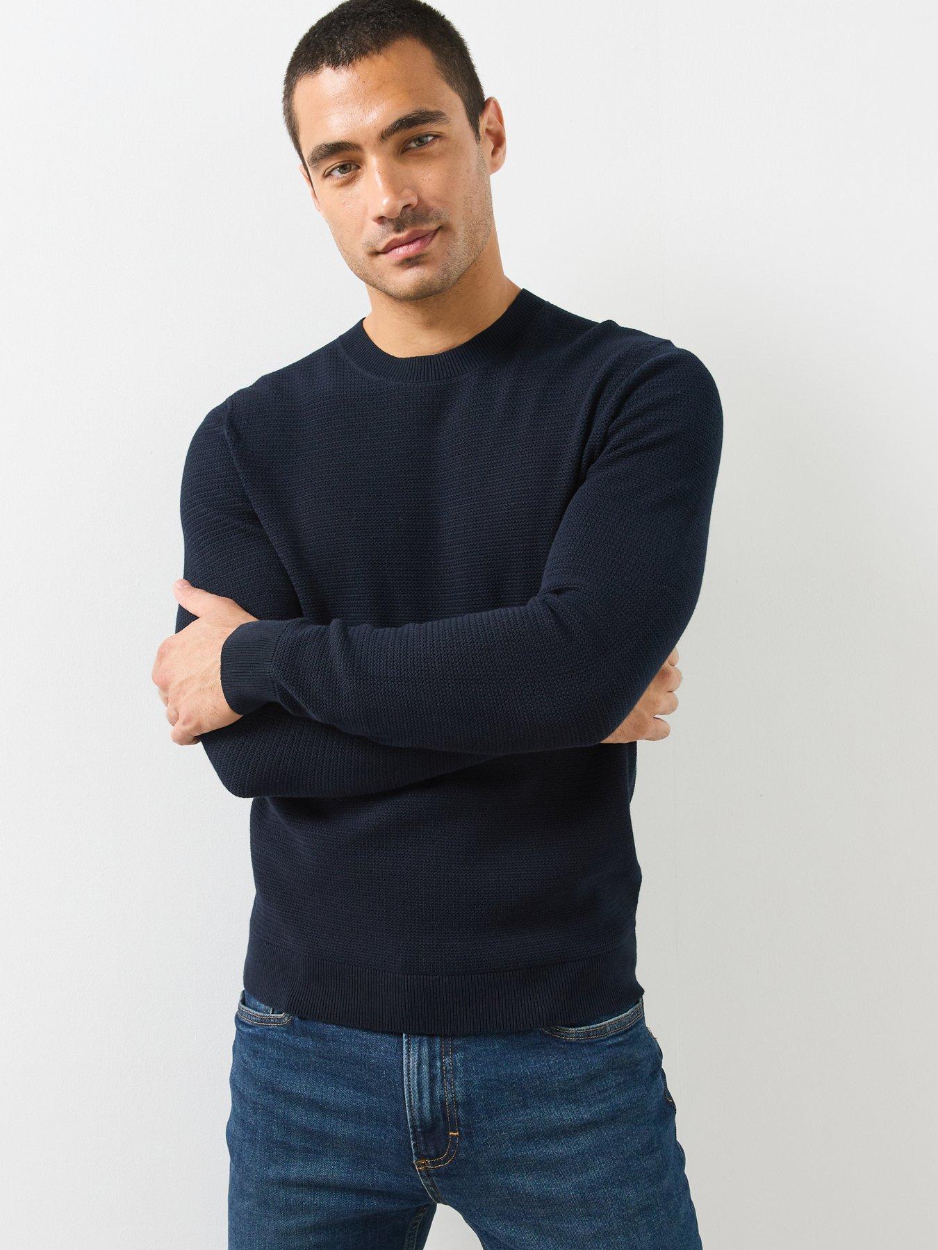 Image 1 of 6 of Mango Fine Knit Cotton Blend Textured Sweater - Navy