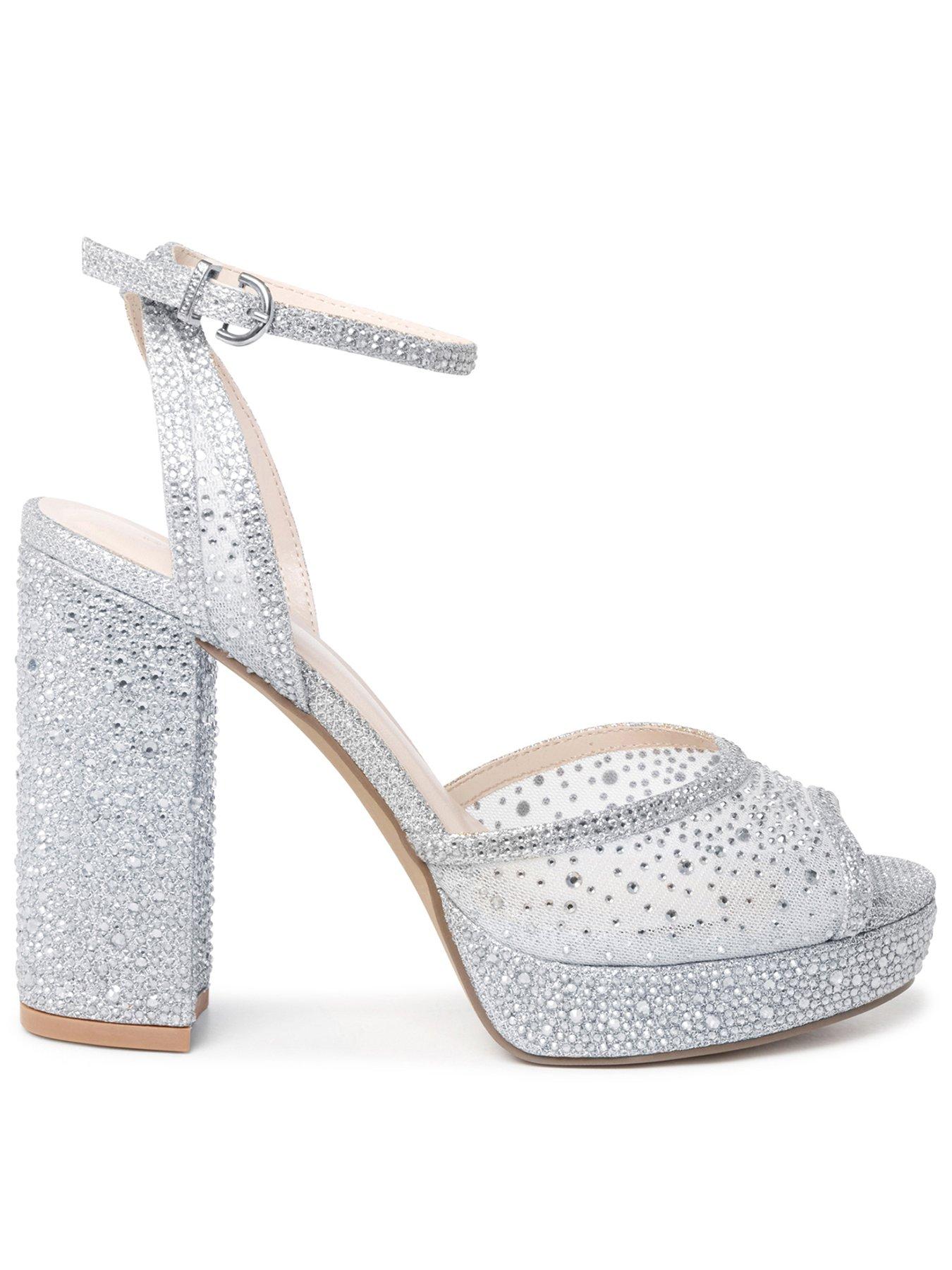 Image 1 of 7 of Paradox London Lysandra Mesh Sparkle Platform Block Heel Sandal - Silver