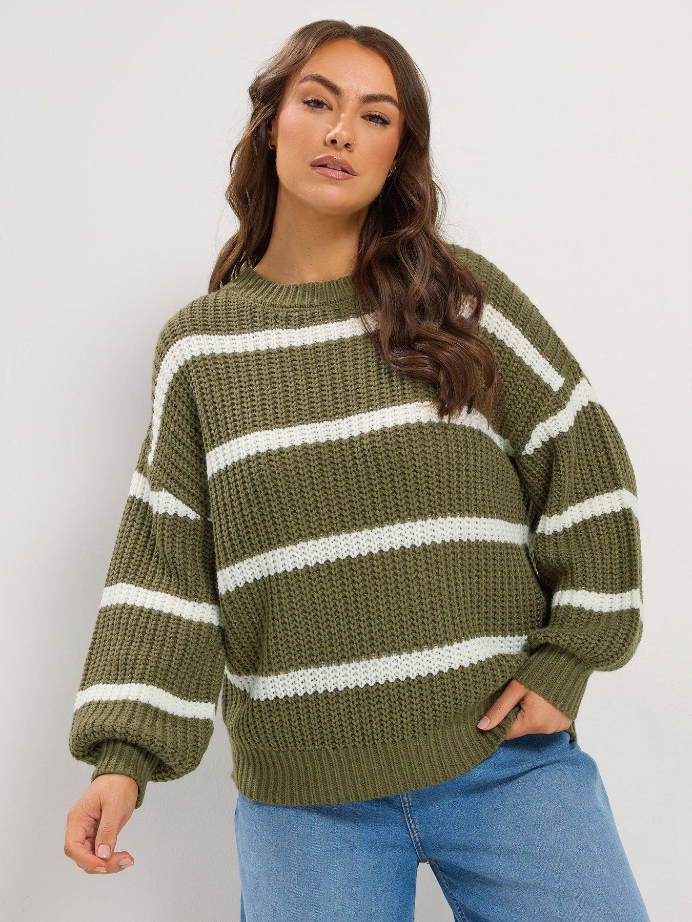 Image 1 of 4 of Yours Curve Chunky Waffle Stripe Jumper - Green
