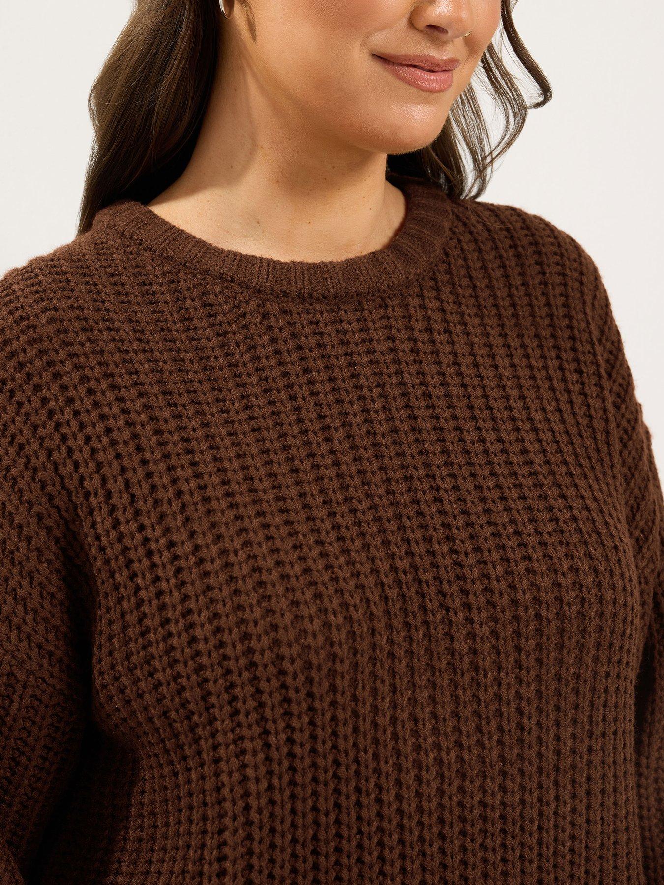 Image 4 of 4 of Yours Curve Waffle Longline Jumper - Brown