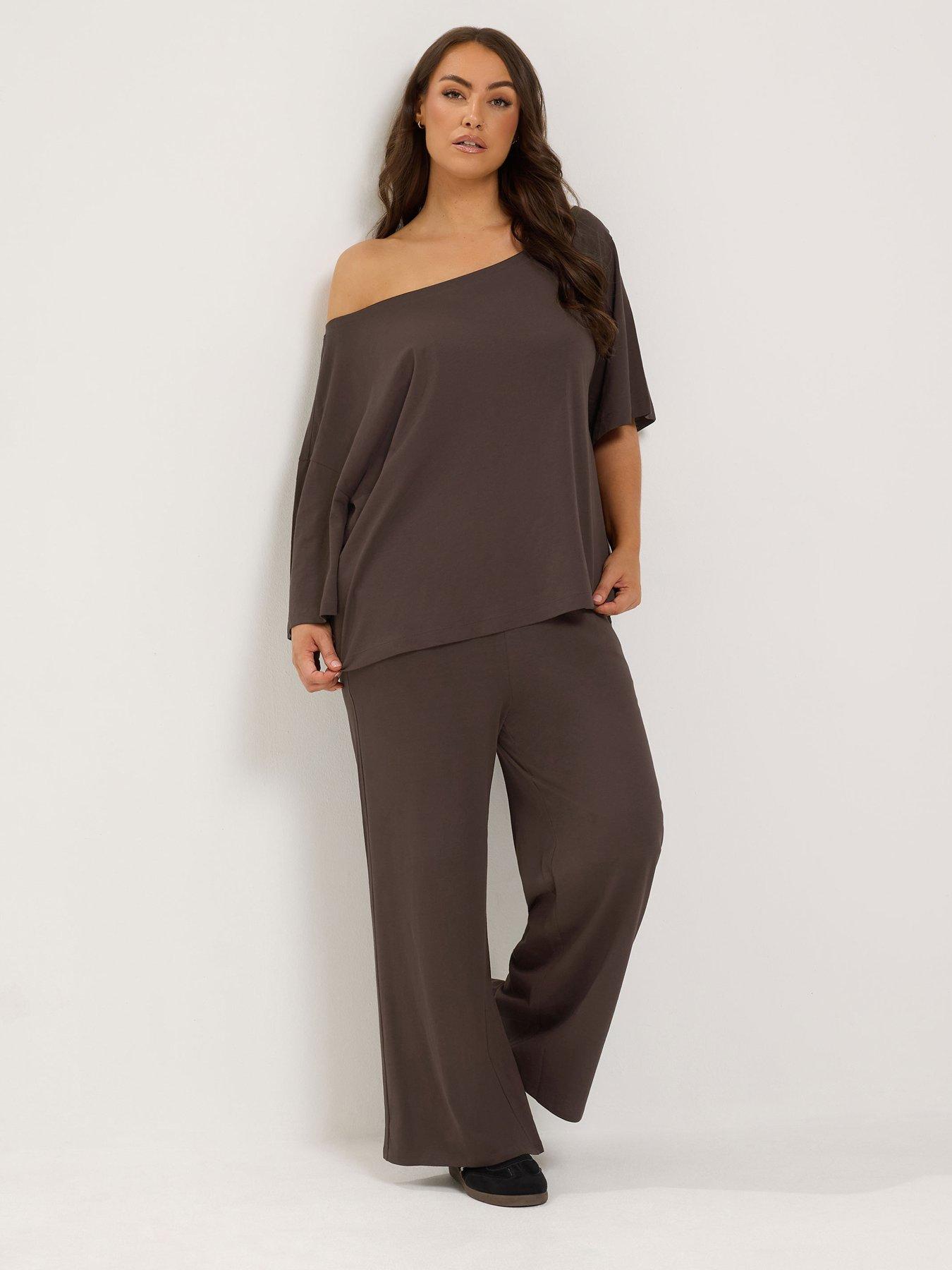 Yours Curve Slash Neck T-Shirt  &  Trouser Set - Brown