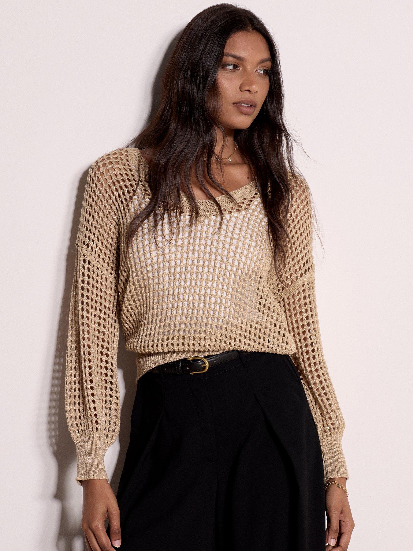 Apricot Lurex Mesh V-Neck Slouchy Jumper - Gold