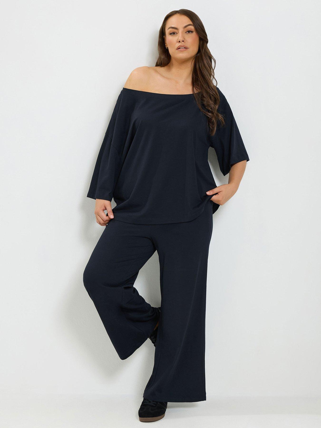 Yours Curve Slash Neck T-Shirt  &  Trouser Set - Black