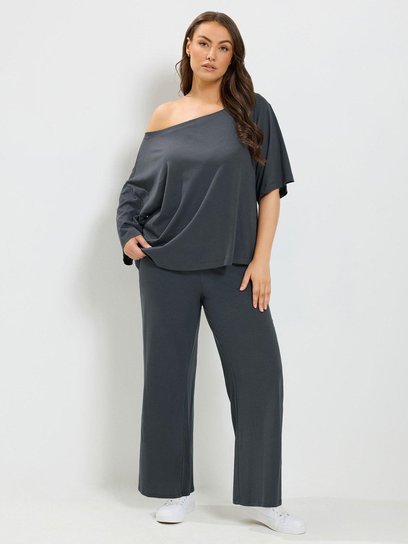 Yours Curve Slash Neck T-Shirt  &  Trouser Set - Grey