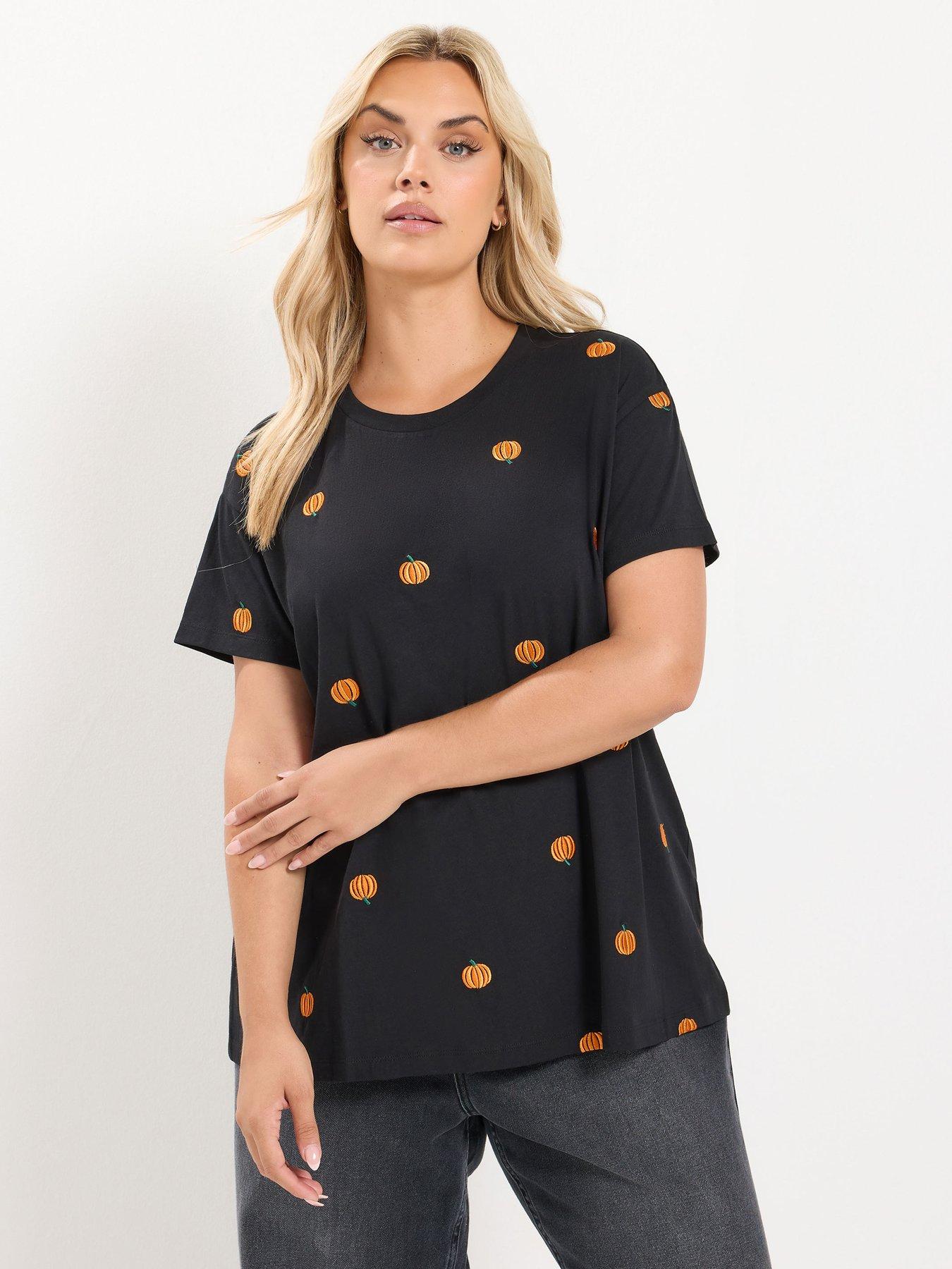 Yours Curve Halloween Embroidered Pumpkin T-Shirt - Black