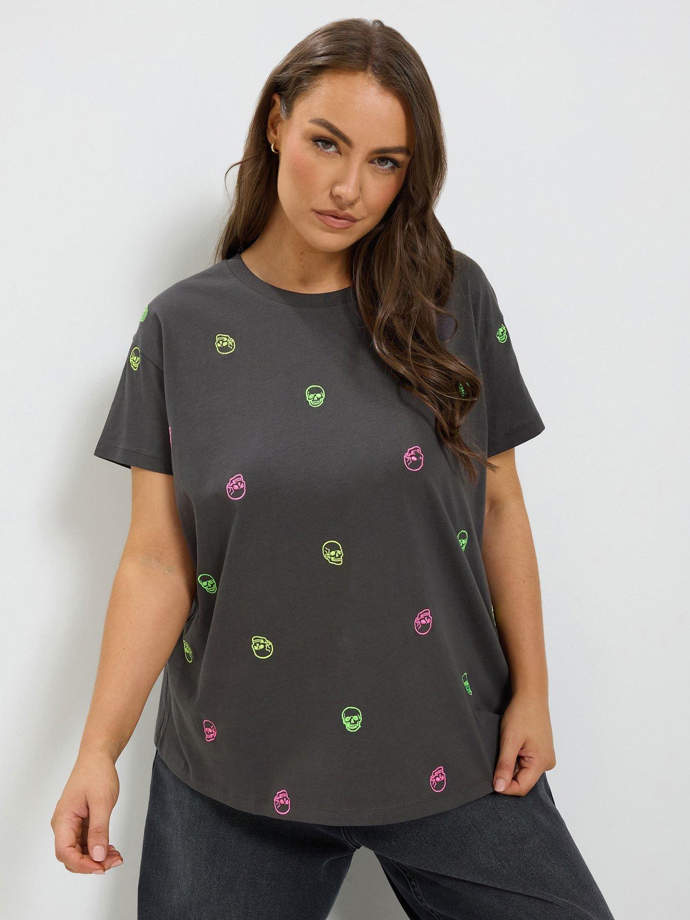Yours Curve Embroidered Skull T-Shirt - Grey