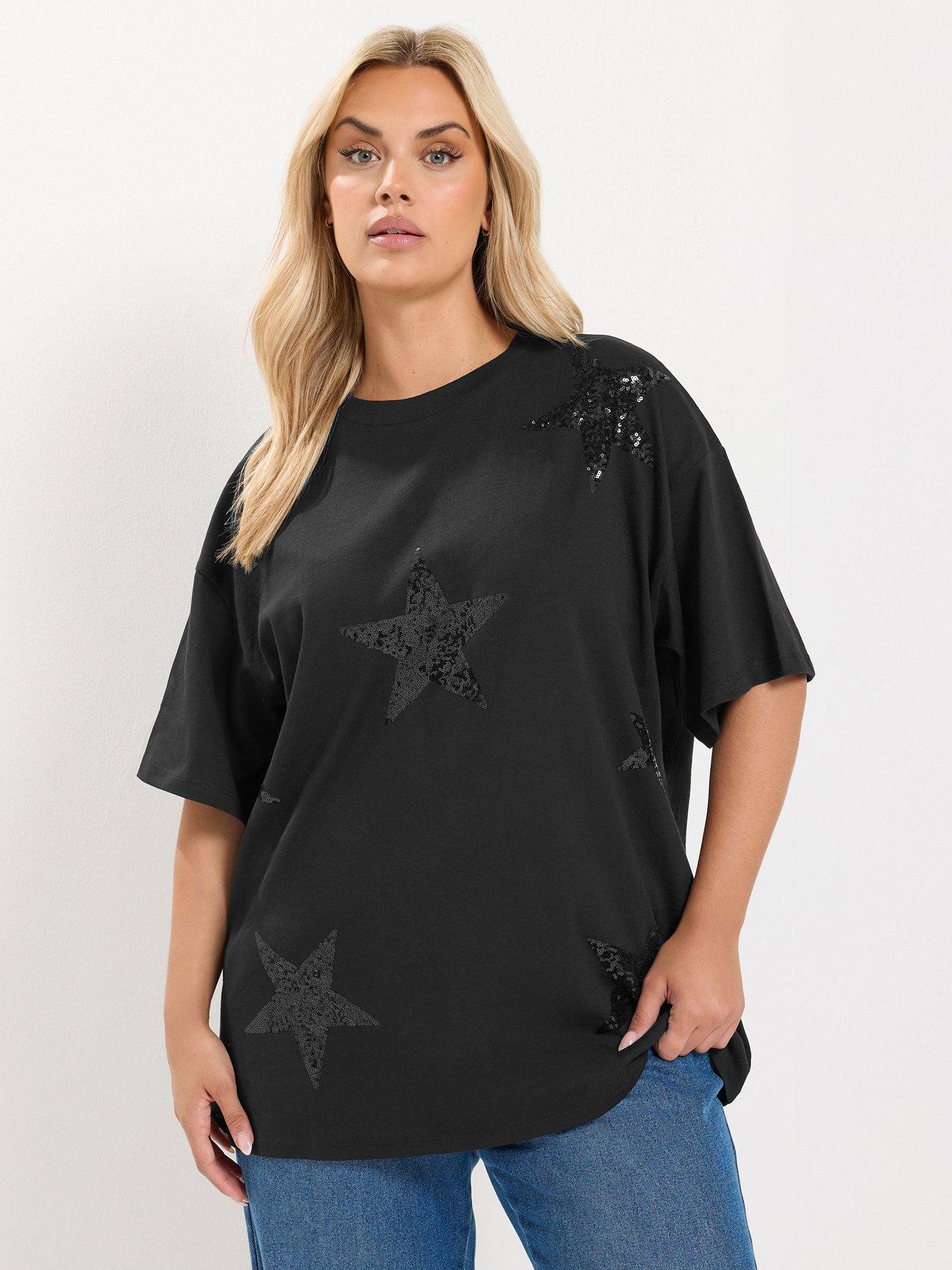 Image 1 of 4 of Yours Womens Curve Sequin Star Drop Shoulder Top - Black