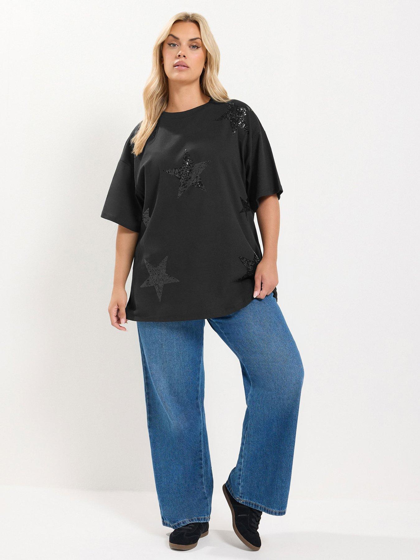 Image 3 of 4 of Yours Womens Curve Sequin Star Drop Shoulder Top - Black