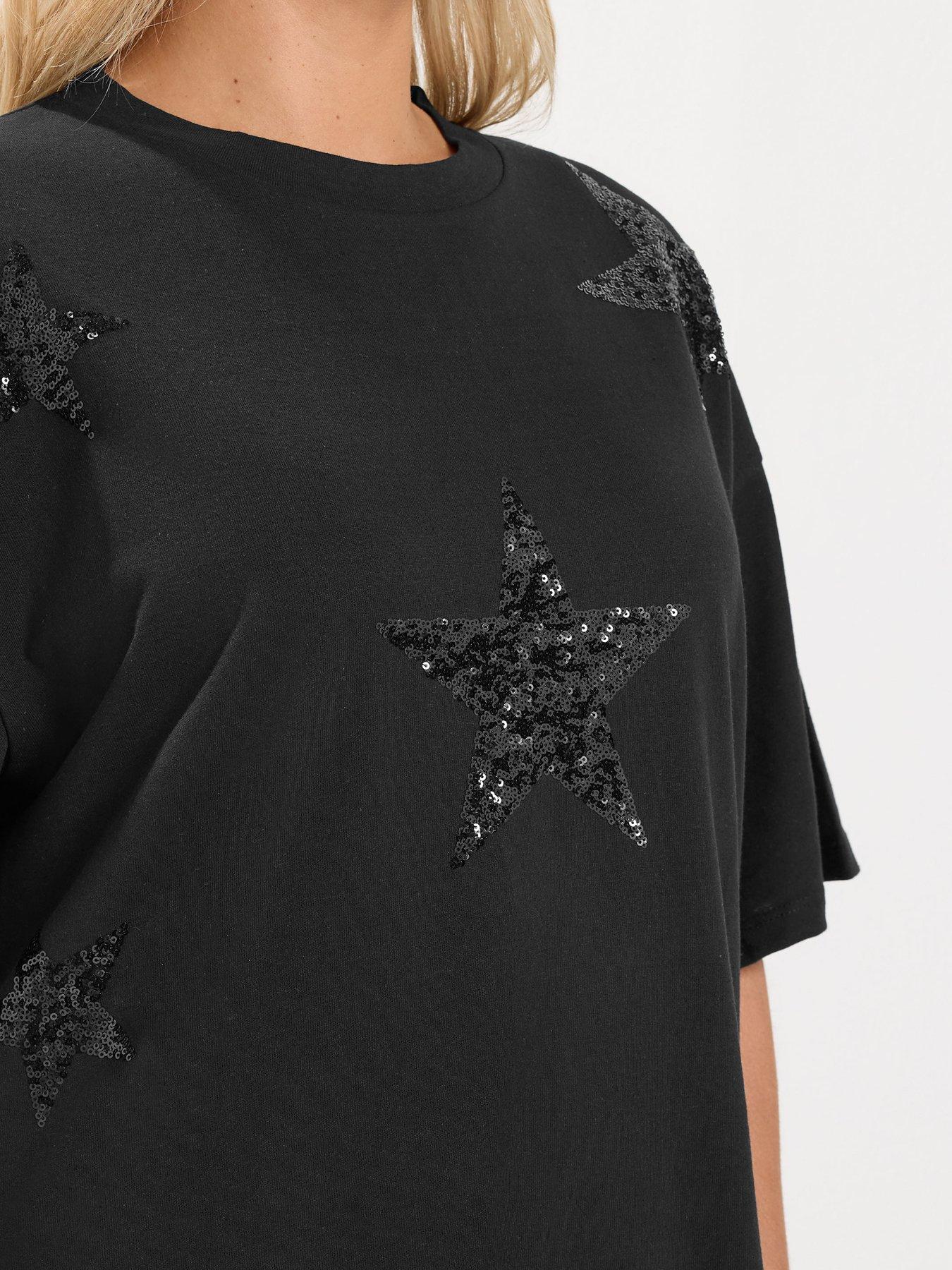 Image 4 of 4 of Yours Womens Curve Sequin Star Drop Shoulder Top - Black