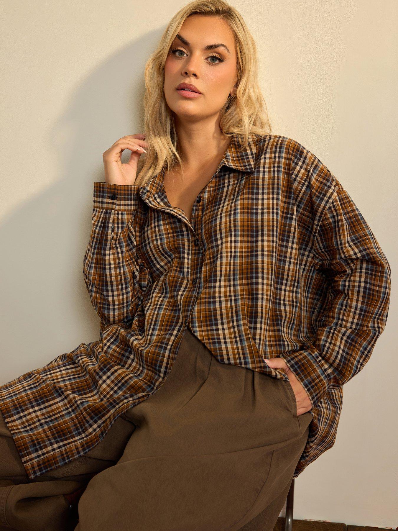 Image 1 of 4 of Yours Womens Curve Check Boyfriend Shirt - Brown