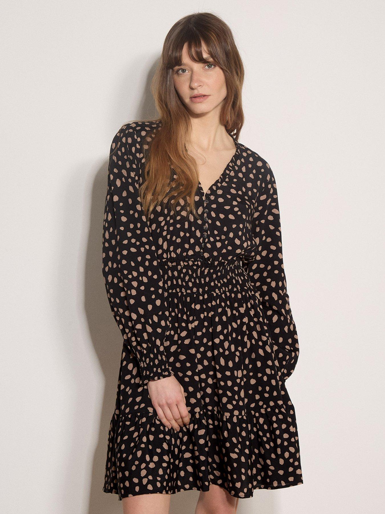 Image 1 of 5 of Apricot Irregular Spot Ruffle Neck Dress