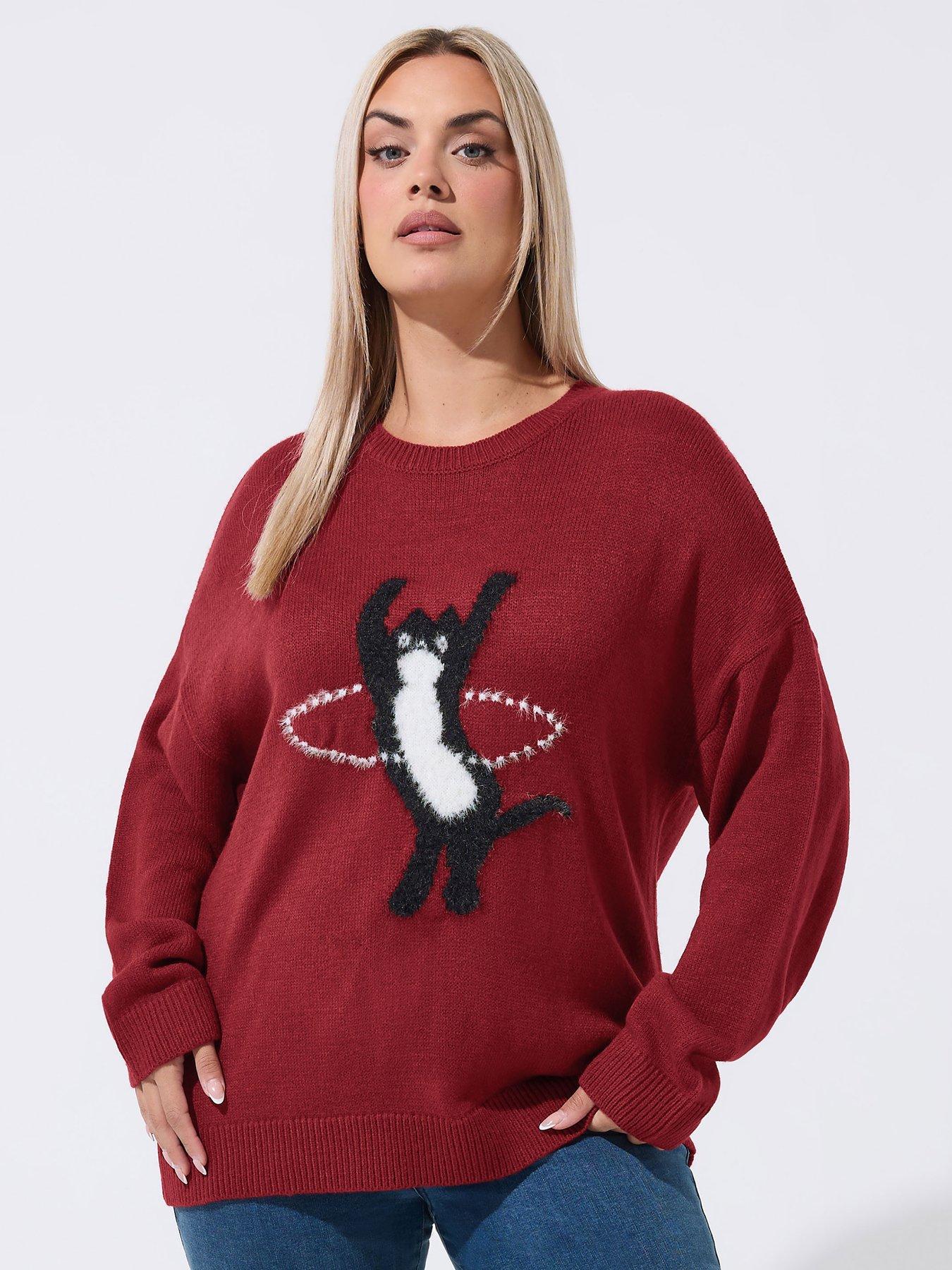 Image 1 of 4 of Yours Women's Curve Cat Motif Knitted Jumper - Red
