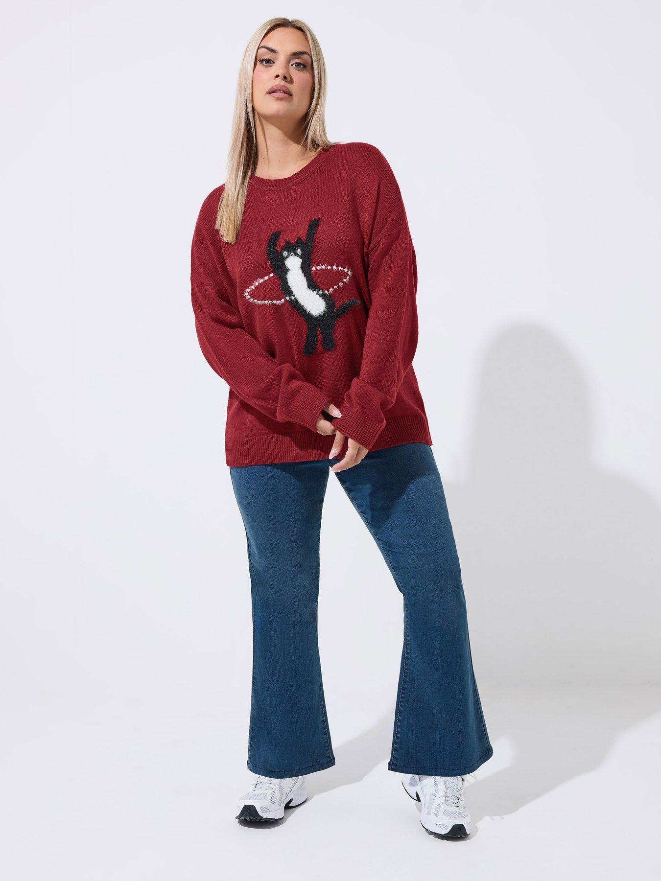 Image 3 of 4 of Yours Women's Curve Cat Motif Knitted Jumper - Red