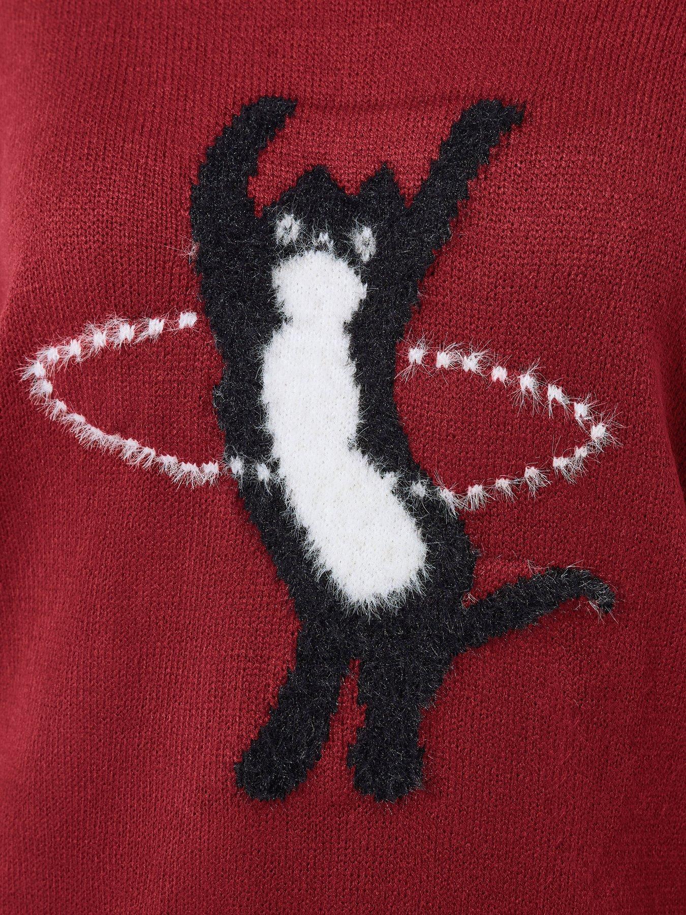 Image 4 of 4 of Yours Women's Curve Cat Motif Knitted Jumper - Red