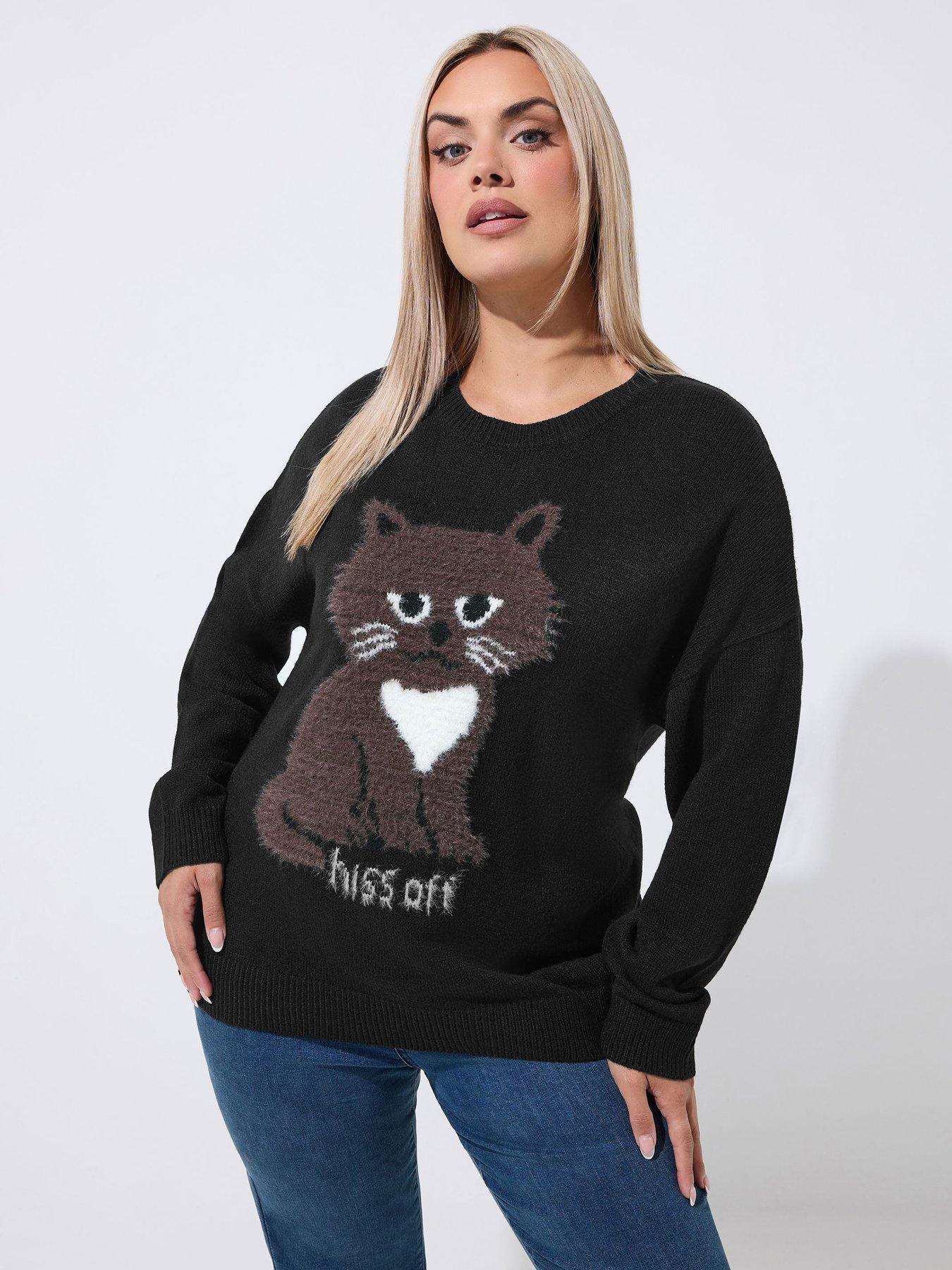 Image 1 of 4 of Yours Women's Curve Cat Graphic Knitted Jumper - Black