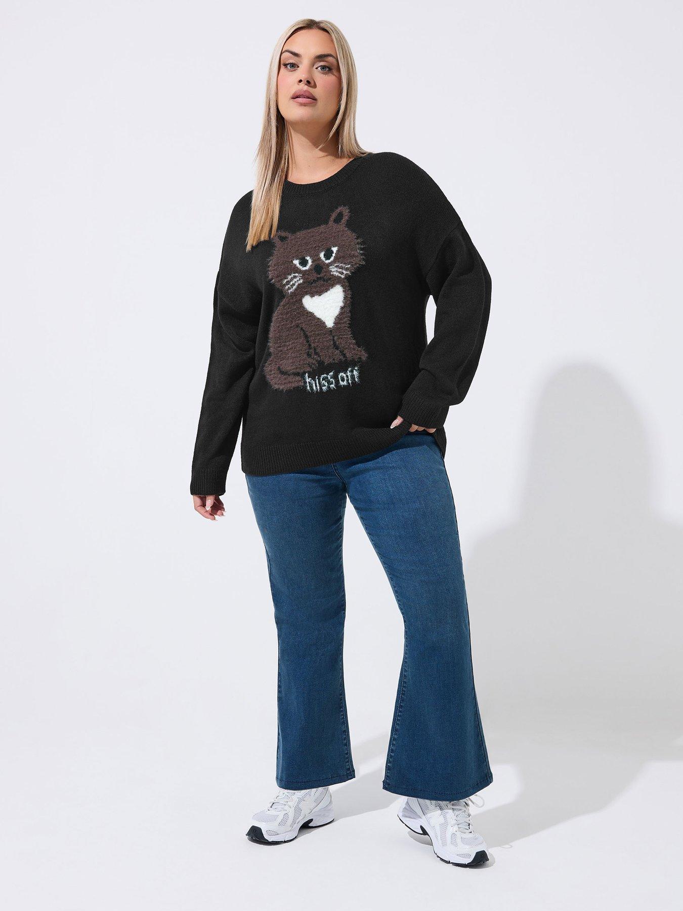 Image 3 of 4 of Yours Women's Curve Cat Graphic Knitted Jumper - Black