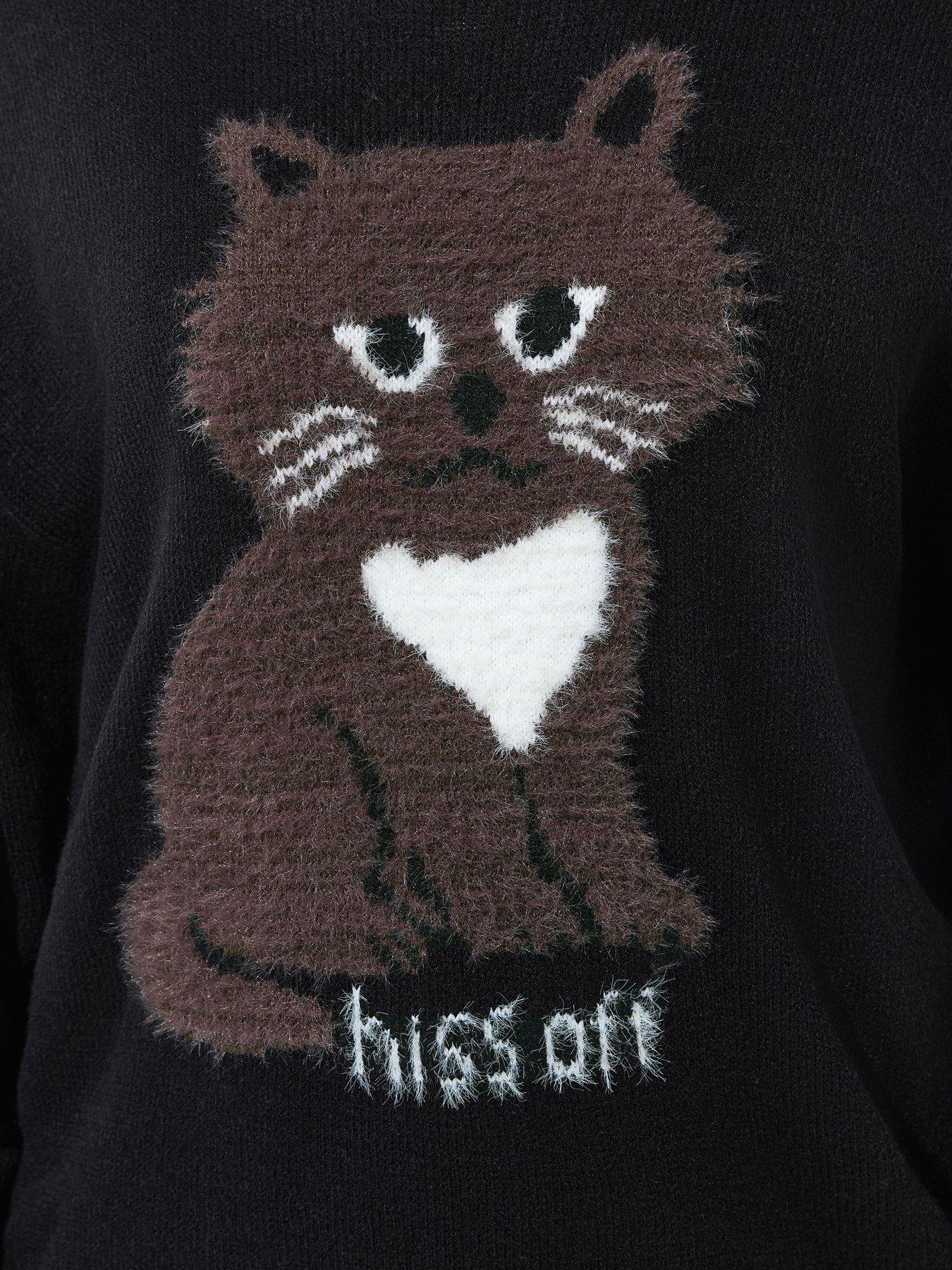 Image 4 of 4 of Yours Women's Curve Cat Graphic Knitted Jumper - Black