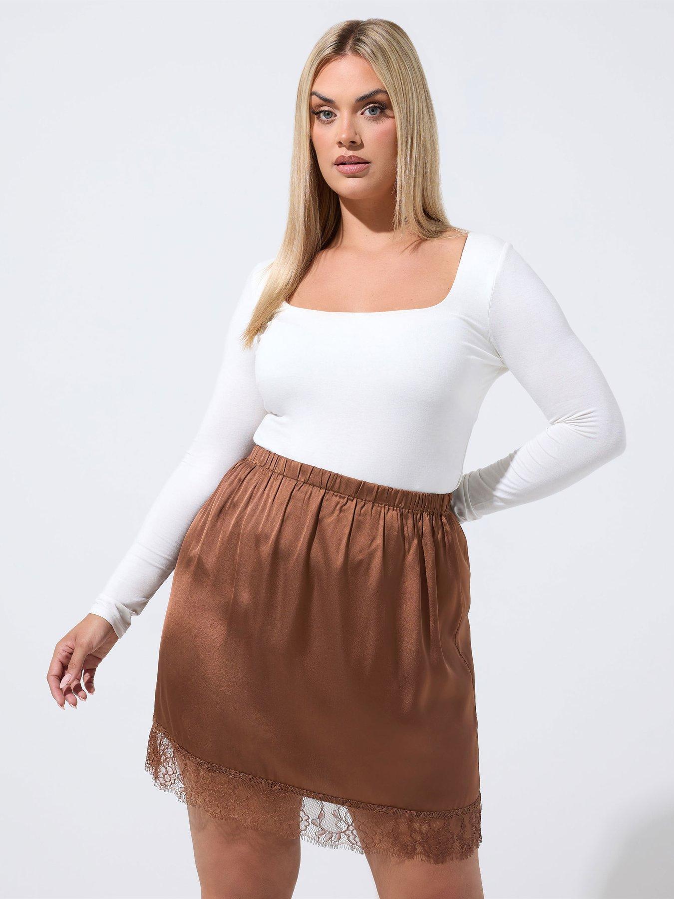 Image 1 of 4 of Yours Womens Curve Satin Lace Hem Mini Skirt - Brown