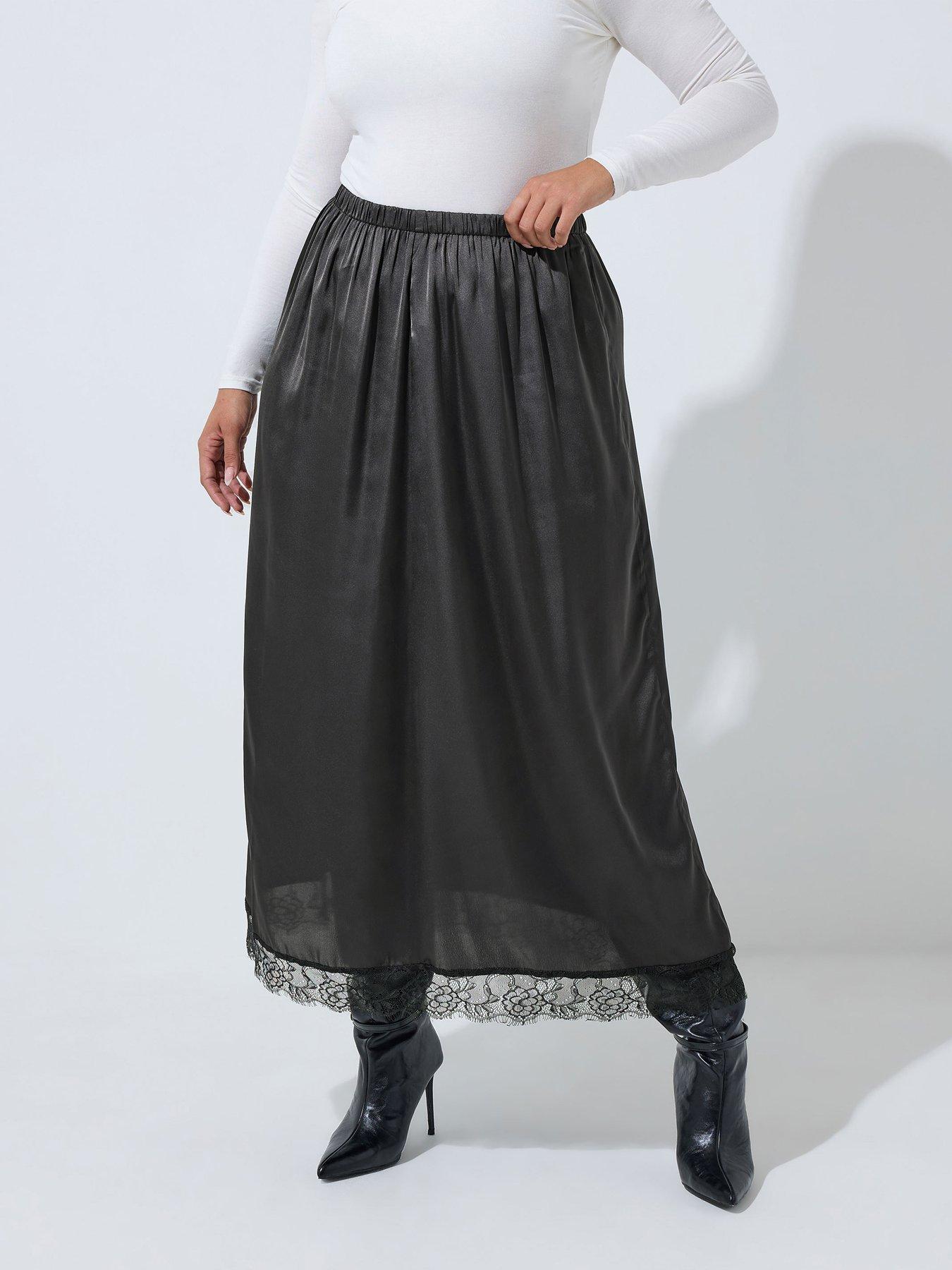 Image 1 of 4 of Yours Womens Curve Satin-Look Lace Hem Maxi Skirt - Black