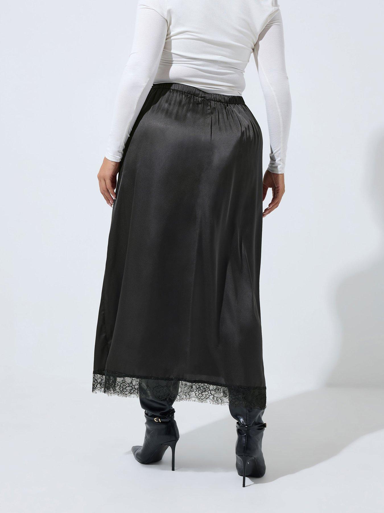 Image 2 of 4 of Yours Womens Curve Satin-Look Lace Hem Maxi Skirt - Black