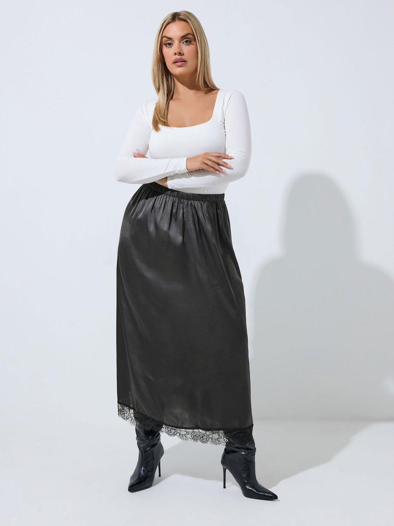 Image 3 of 4 of Yours Womens Curve Satin-Look Lace Hem Maxi Skirt - Black