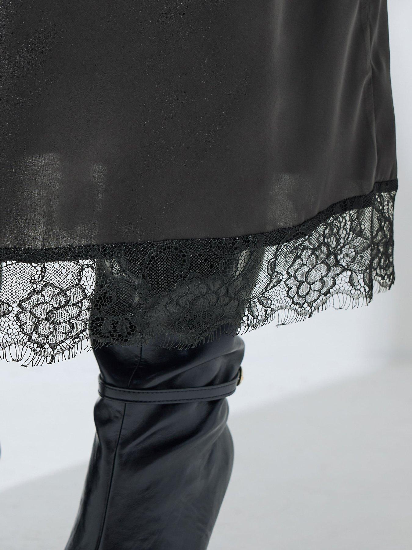 Image 4 of 4 of Yours Womens Curve Satin-Look Lace Hem Maxi Skirt - Black