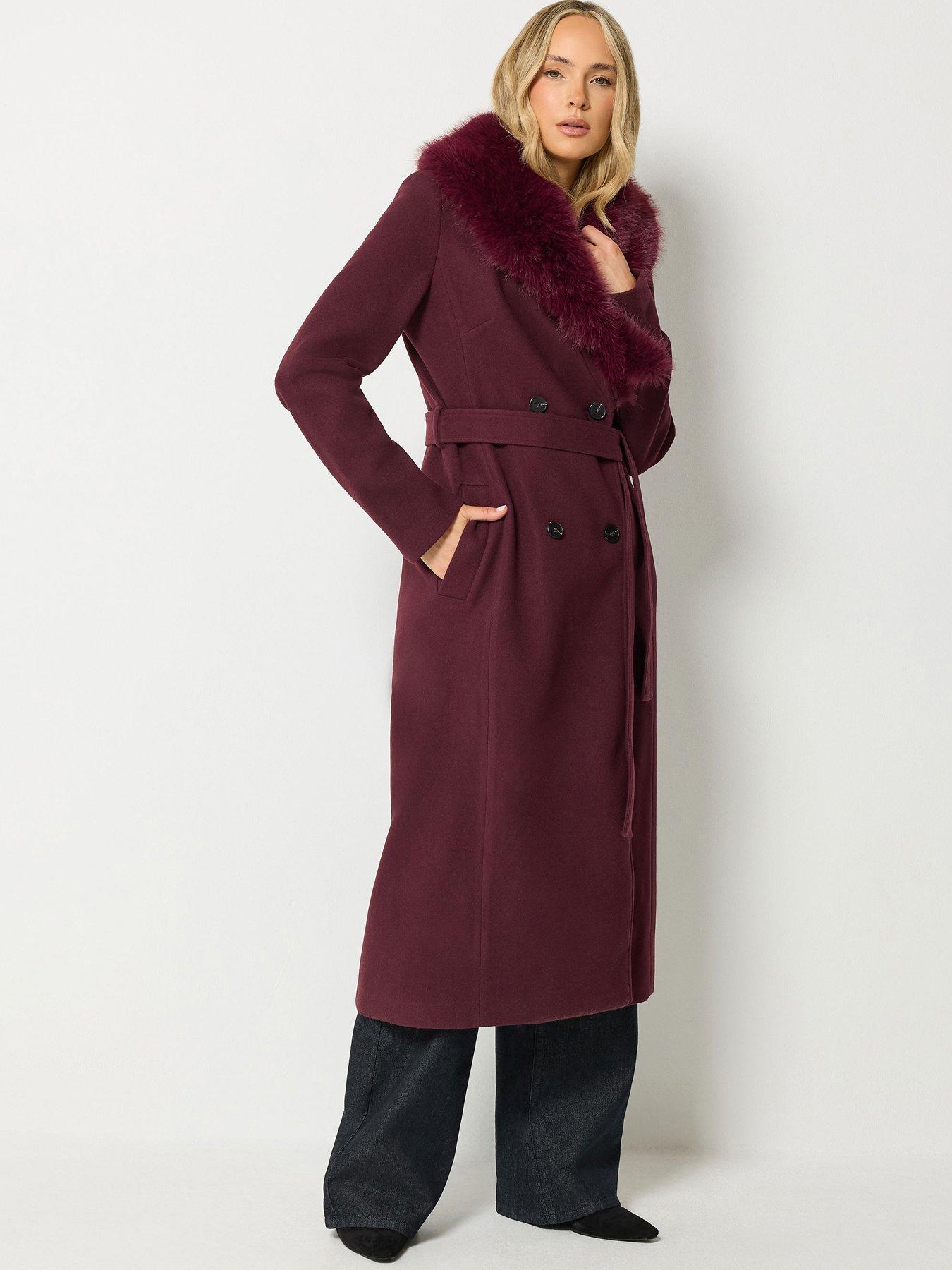 Image 1 of 4 of Long Tall Sally Faux Fur Collar Midi Coat - Red