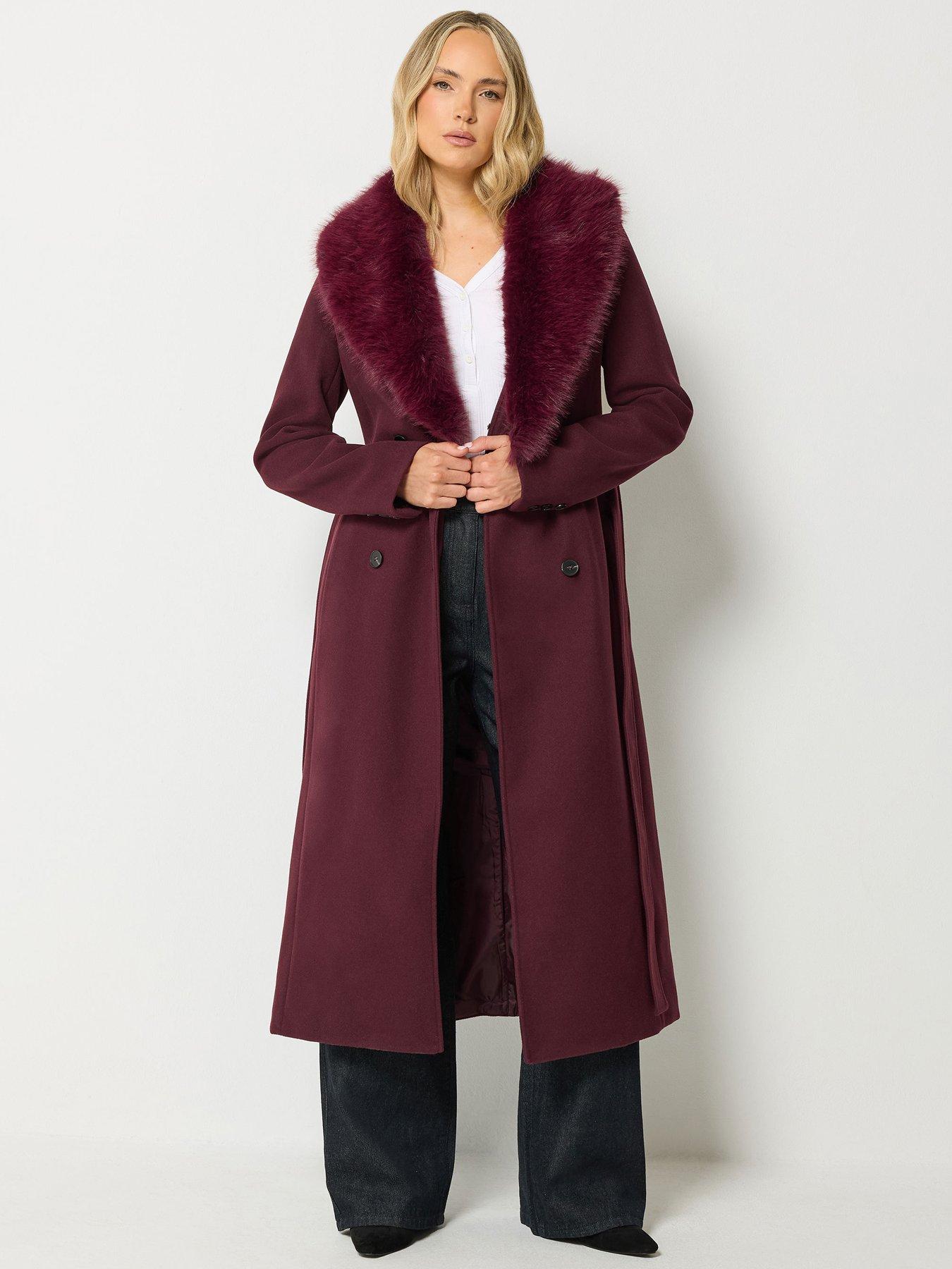Image 3 of 4 of Long Tall Sally Faux Fur Collar Midi Coat - Red