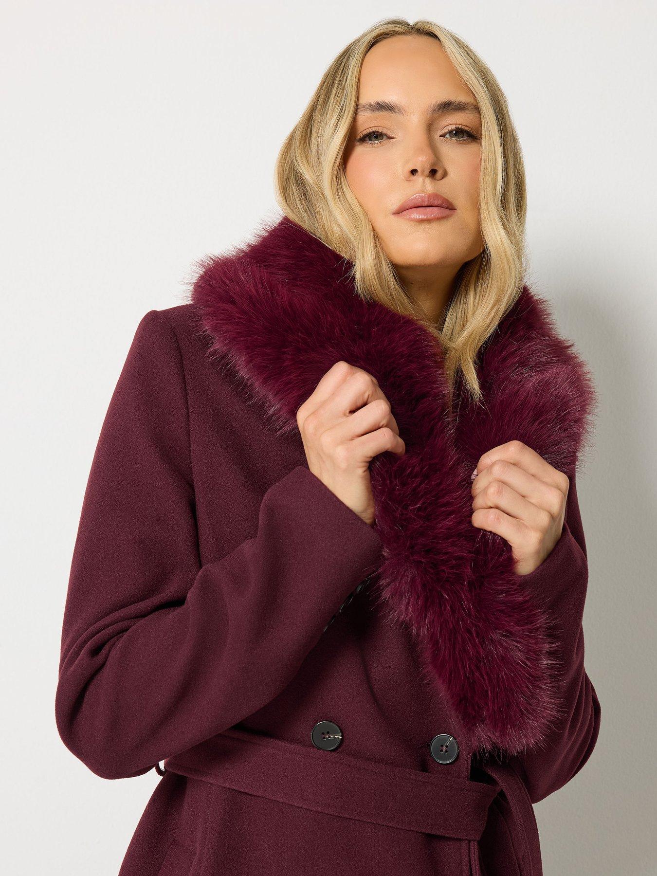 Image 4 of 4 of Long Tall Sally Faux Fur Collar Midi Coat - Red
