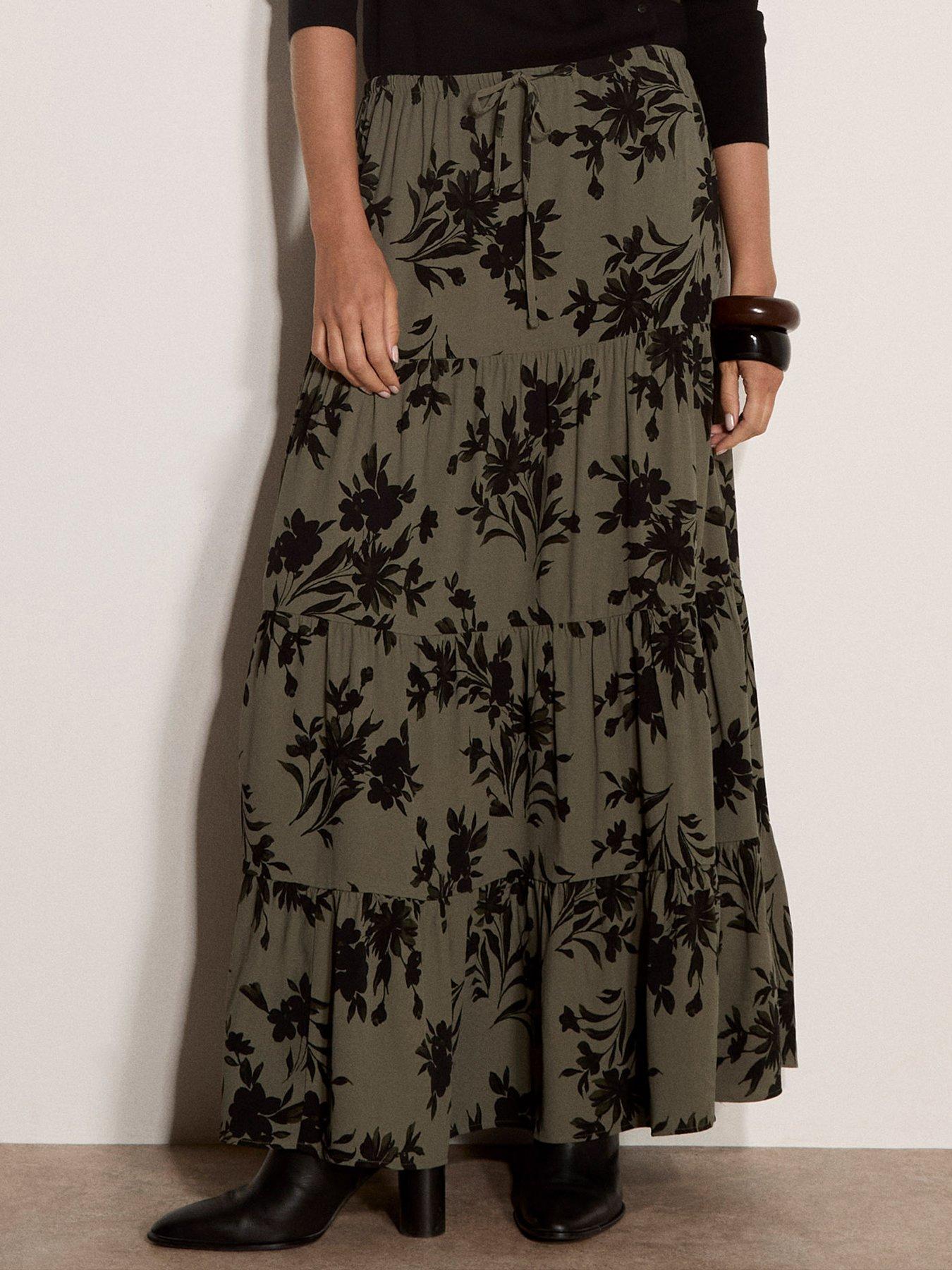 Image 1 of 5 of Apricot Floral Silhouette Tiered Skirt - Green