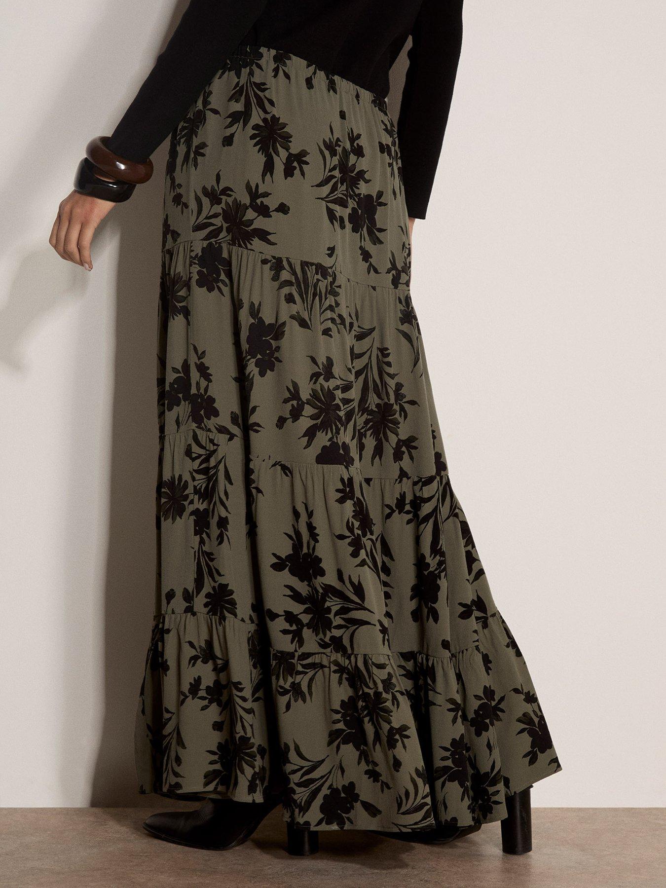 Image 2 of 5 of Apricot Floral Silhouette Tiered Skirt - Green