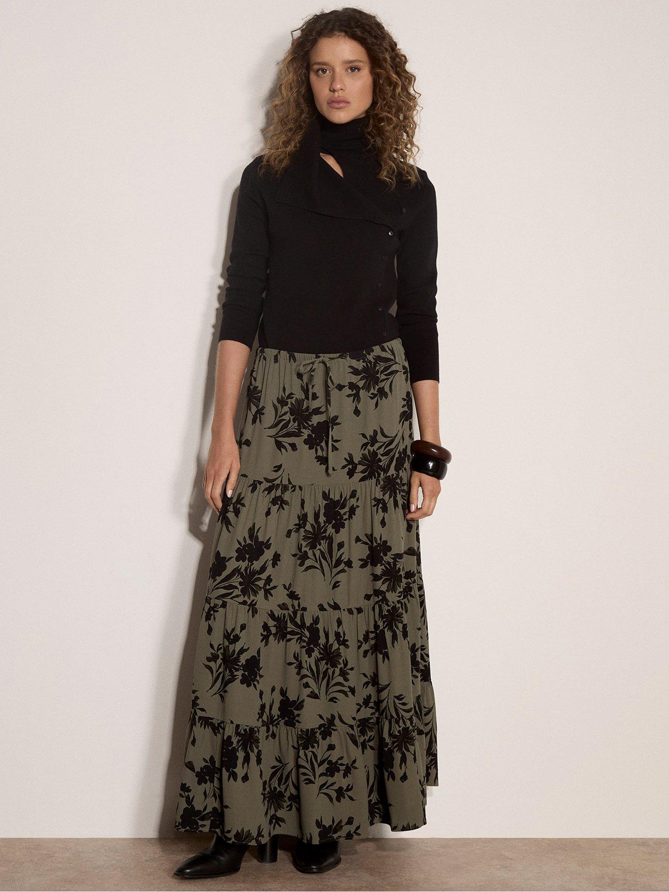 Image 3 of 5 of Apricot Floral Silhouette Tiered Skirt - Green