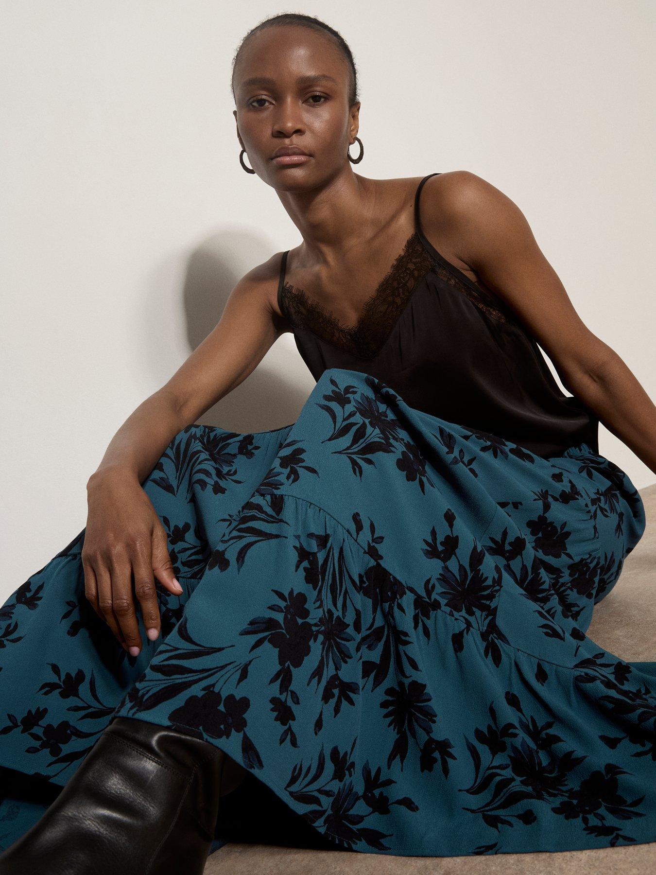 Image 5 of 5 of Apricot Floral Tiered Silhouette Skirt - Green