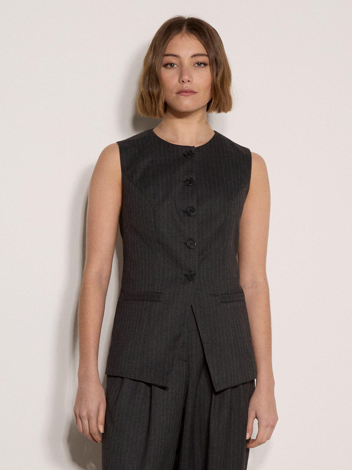 Apricot Pinstripe High Neck Tailored Sleeveless Top - Grey
