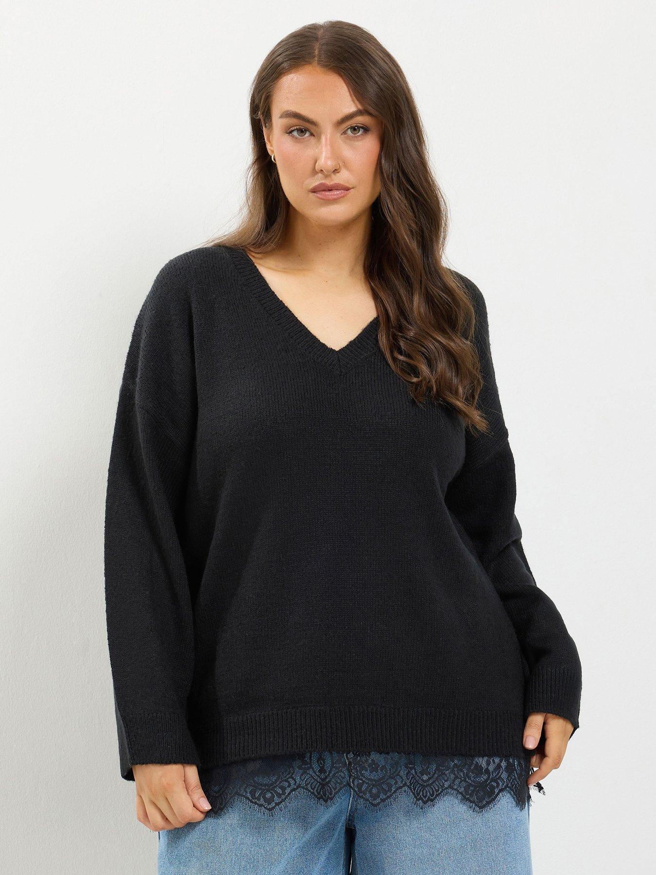 Yours Curve Lace Hem V Neck Jumper - Black