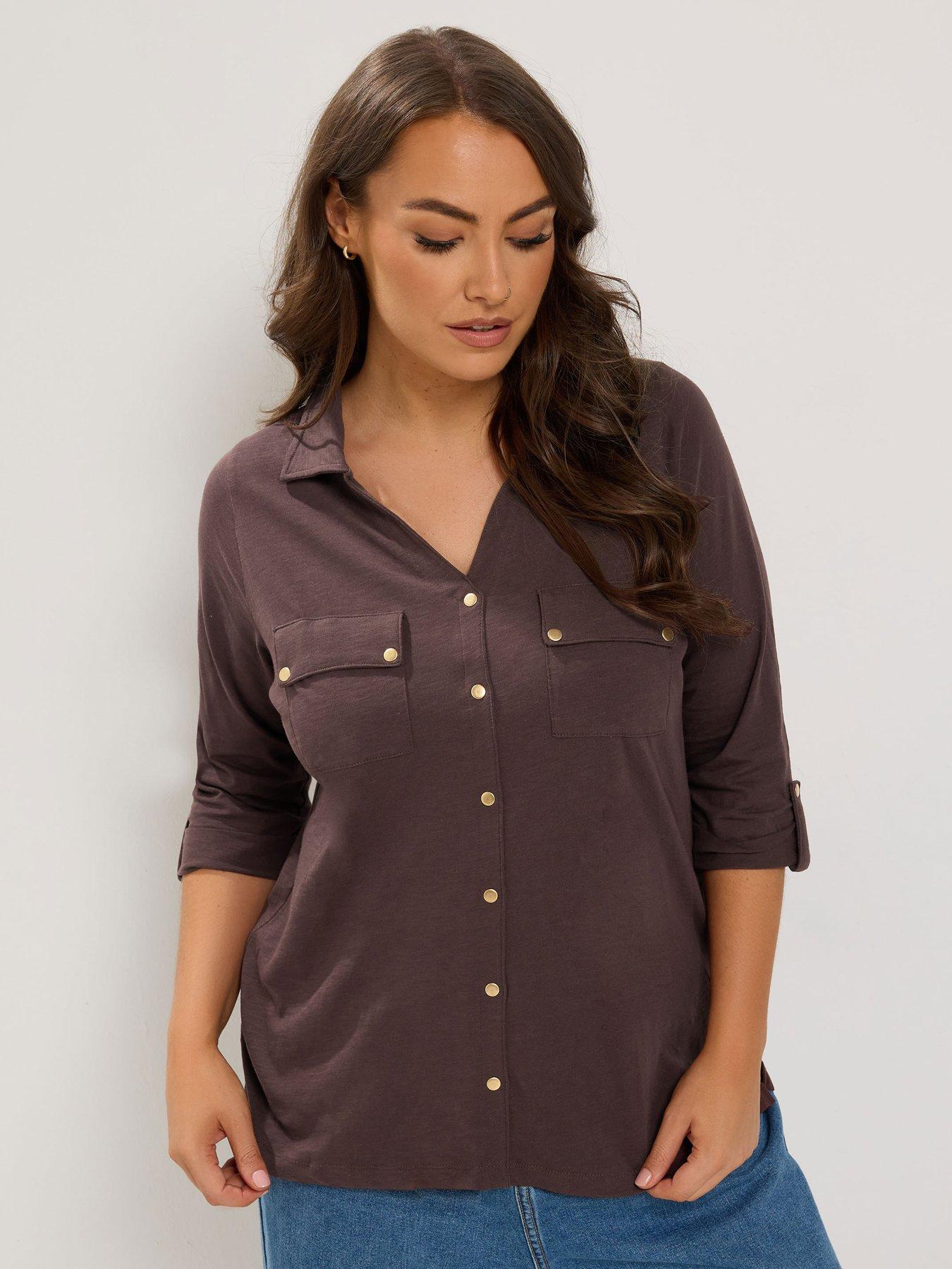 Yours Curve Jersey Full Placket Shirt - Brown