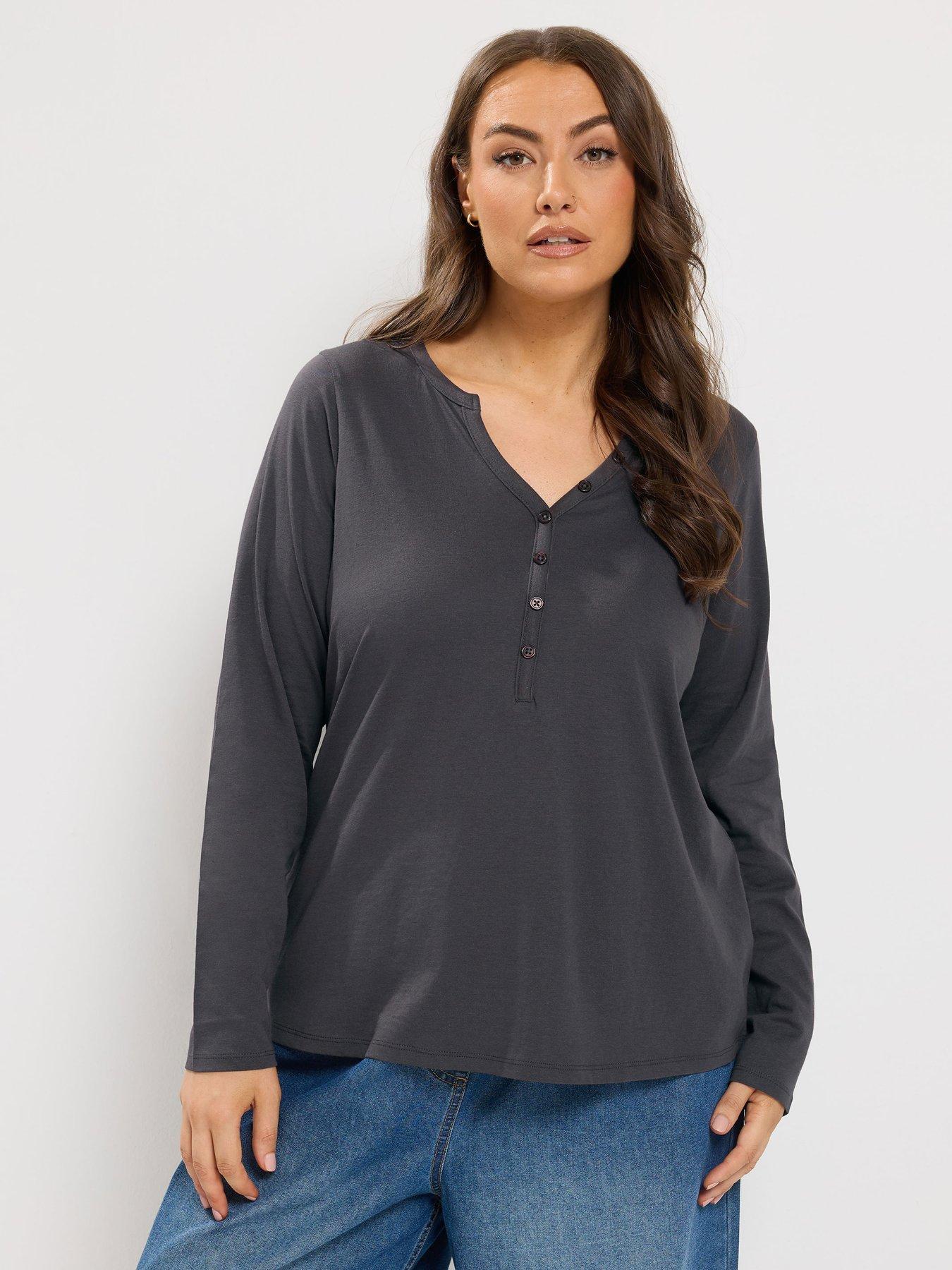 Image 1 of 4 of Yours Curve Long Sleeve Henley Button T-Shirt - Grey