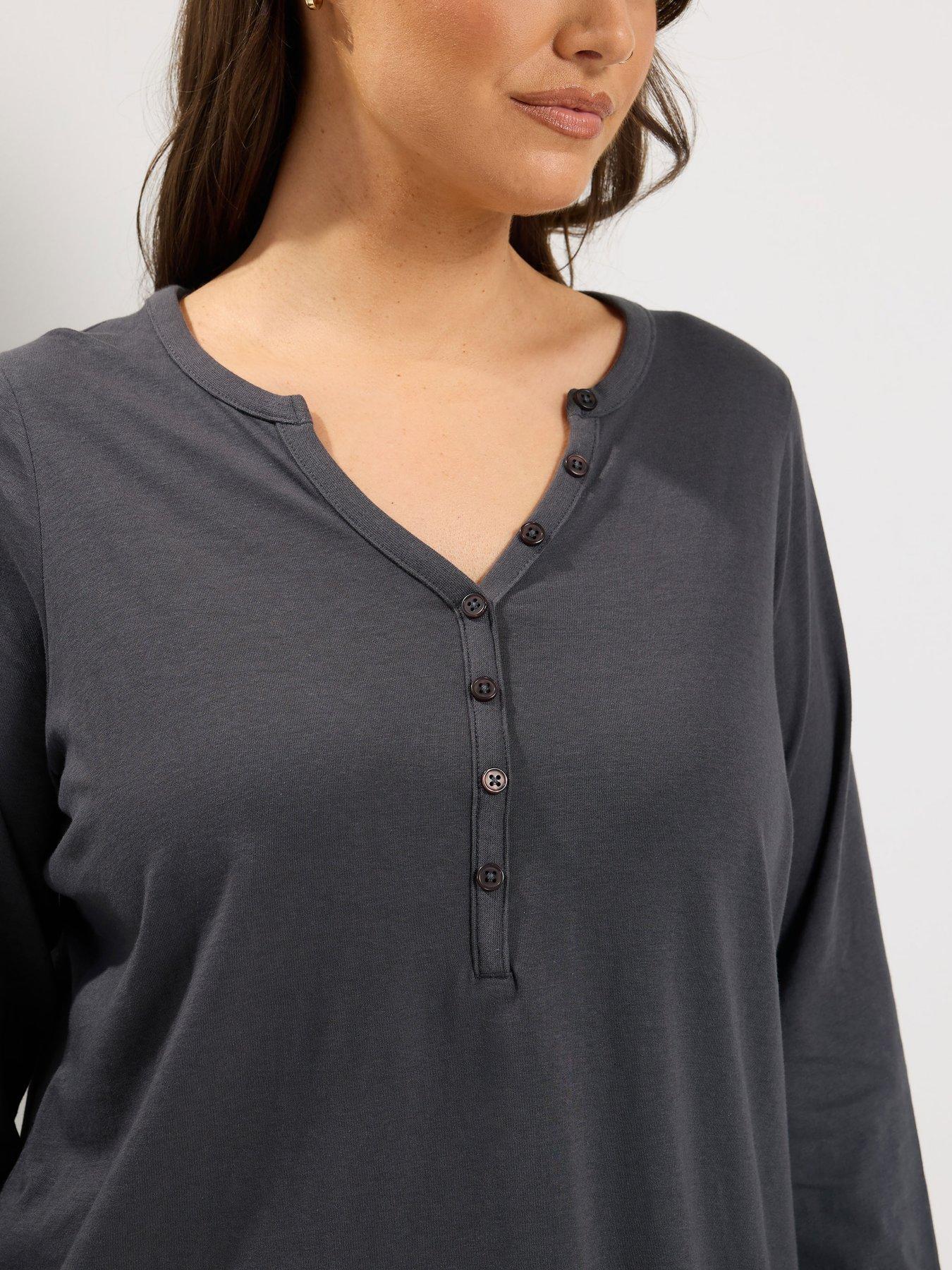 Image 4 of 4 of Yours Curve Long Sleeve Henley Button T-Shirt - Grey