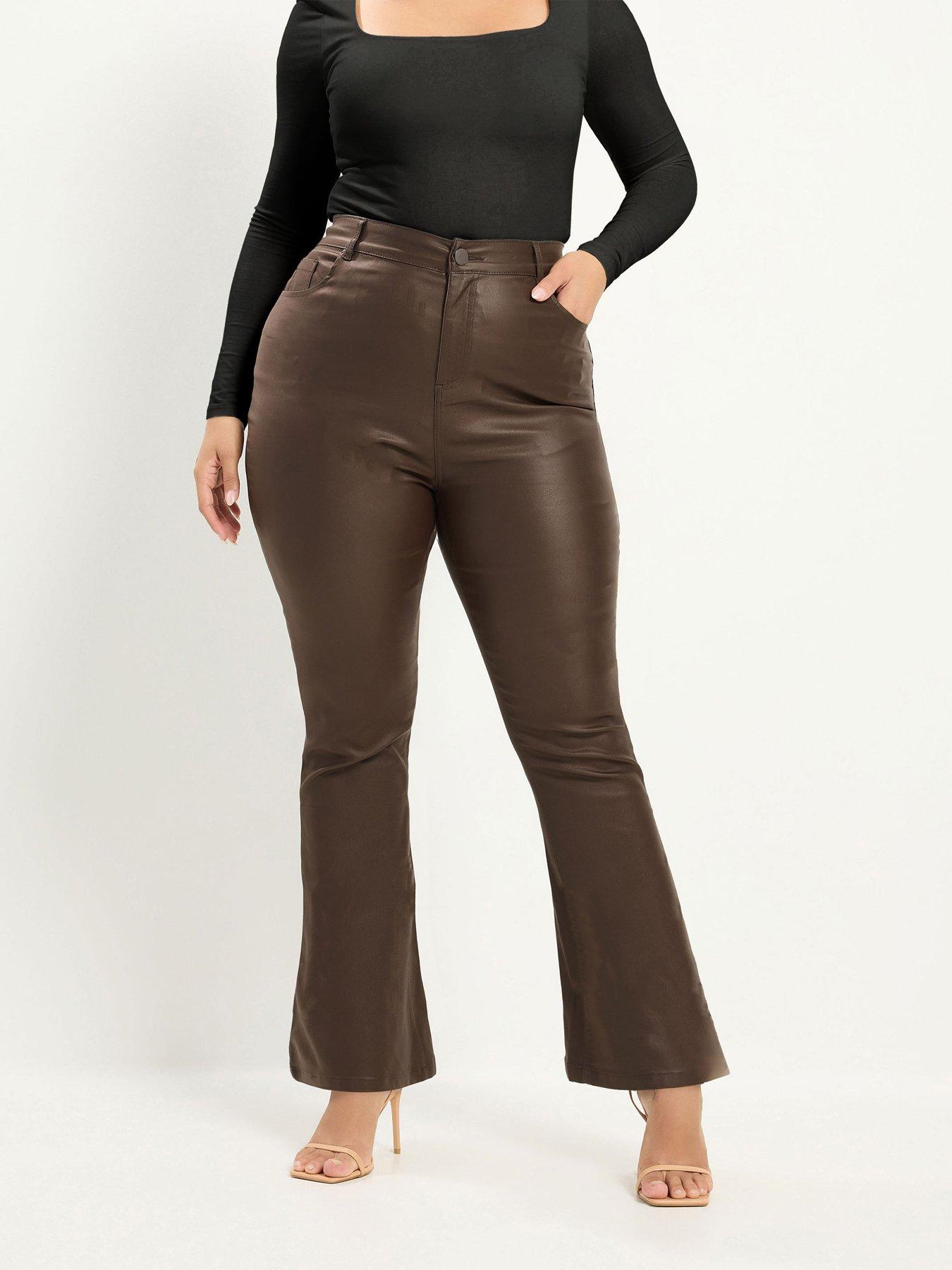 Image 1 of 4 of Yours Curve Coated Flare Trouser 30" - Brown