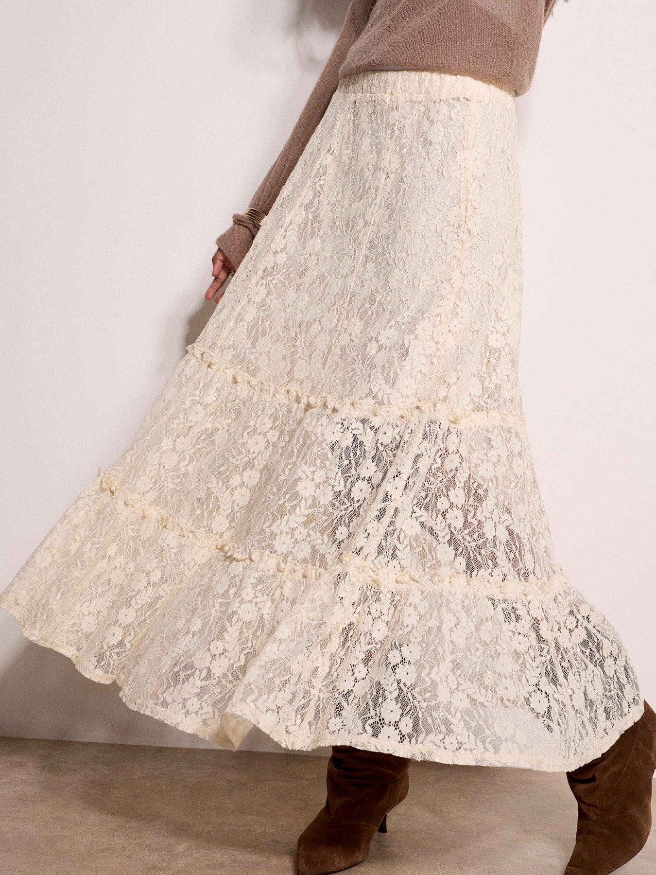 Image 1 of 4 of Apricot Floral Lace Tiered Skirt