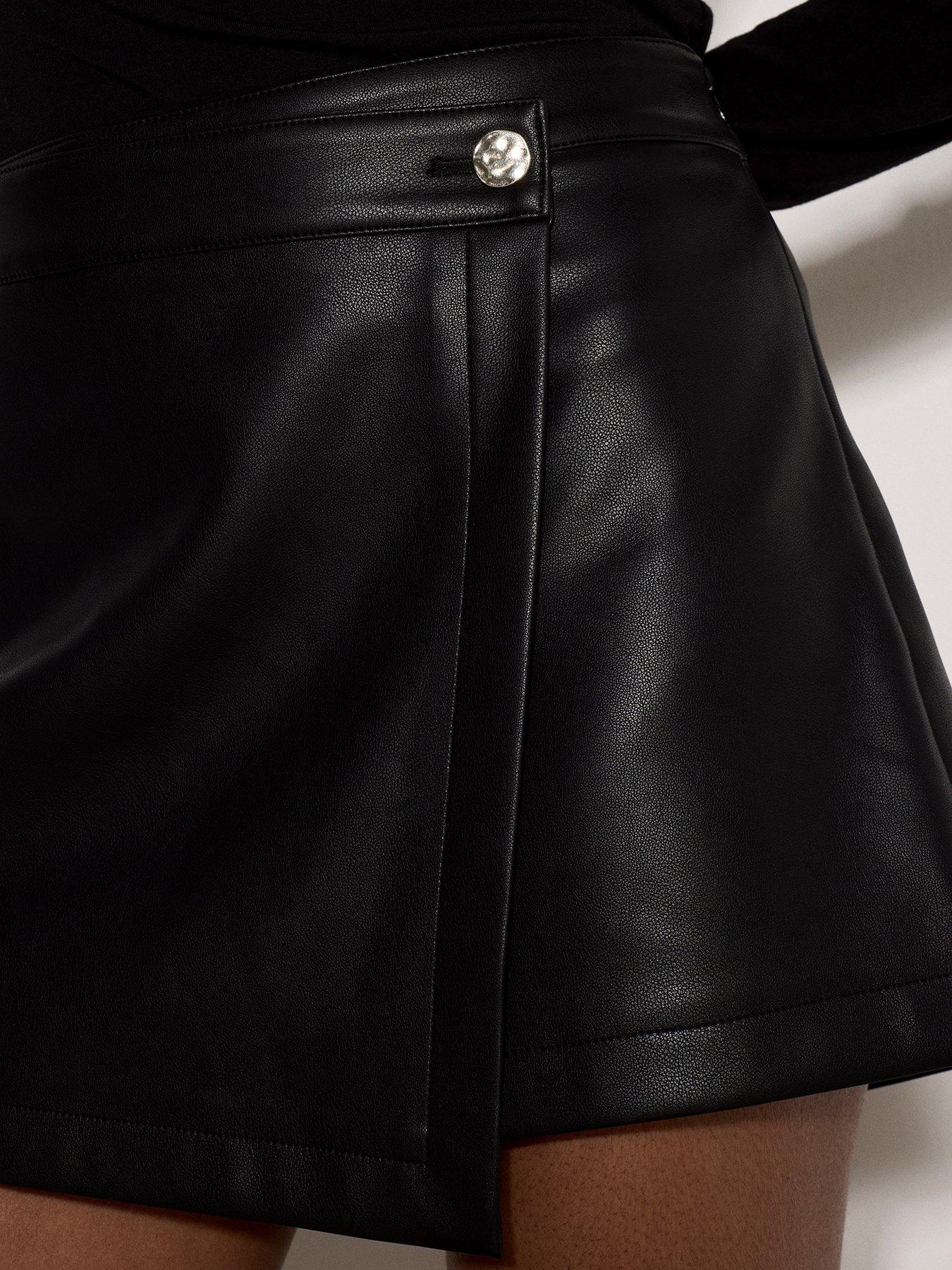 Image 4 of 4 of Apricot Womens One Button Wrap Faux Leather Skort - Black