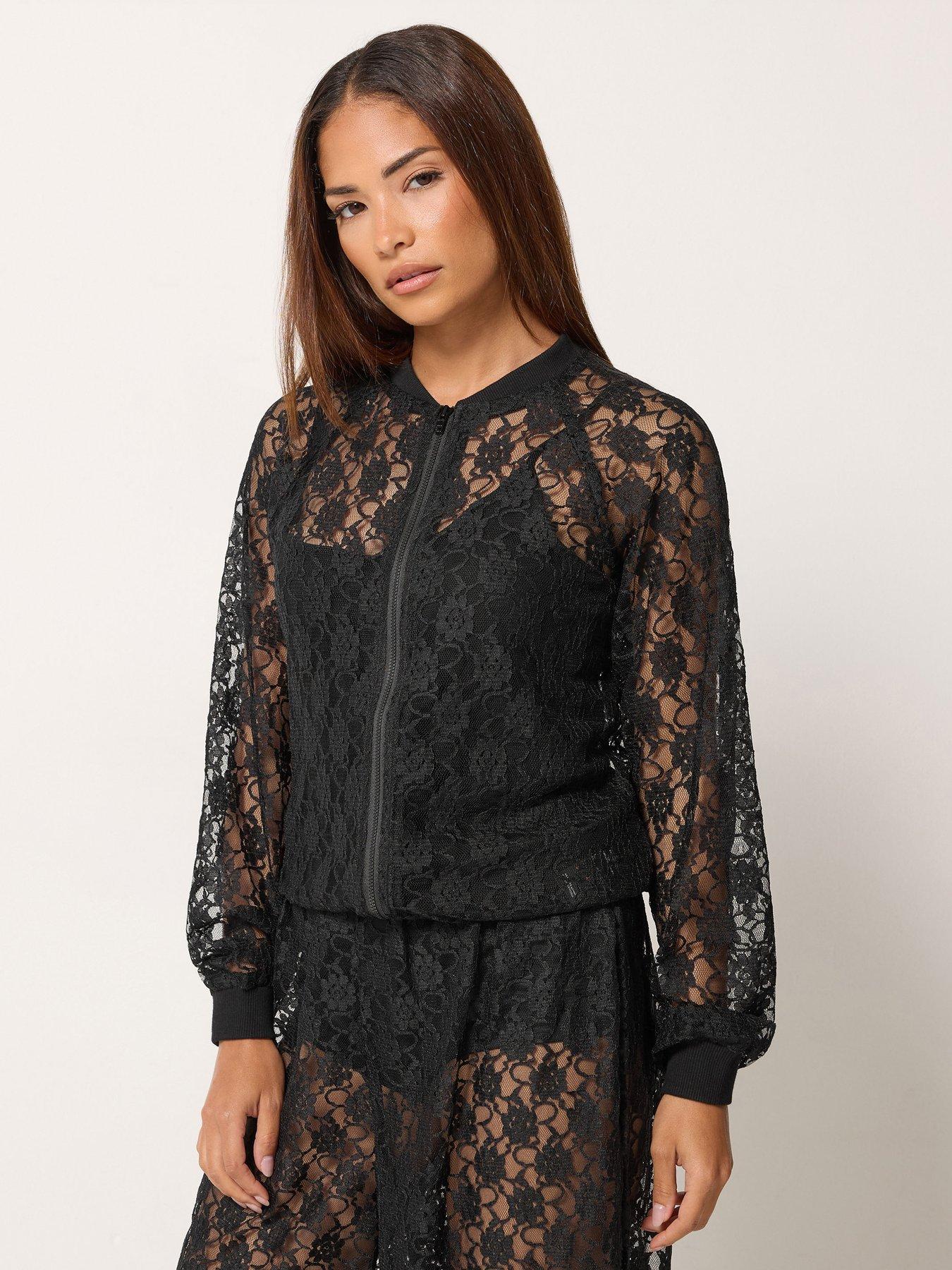 Image 1 of 4 of PixieGirl Womens Petite Lace Zip-Through Bomber Jacket - Black