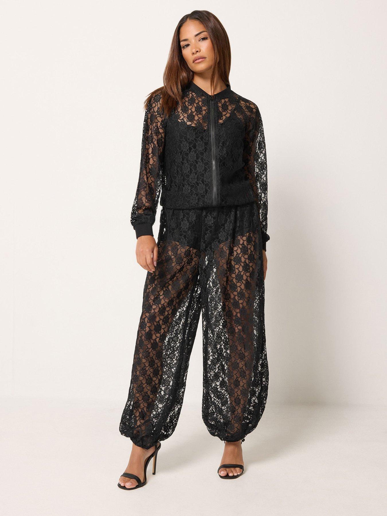 Image 3 of 4 of PixieGirl Womens Petite Lace Zip-Through Bomber Jacket - Black