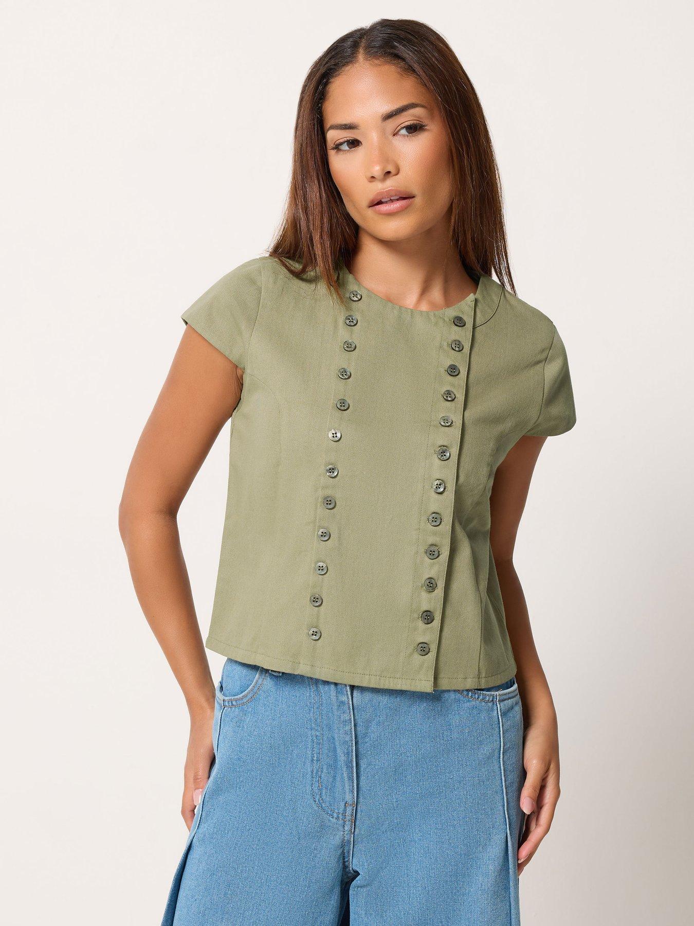 Image 1 of 4 of PixieGirl Womens Petite Double Breasted Button Detail Blouse - Green